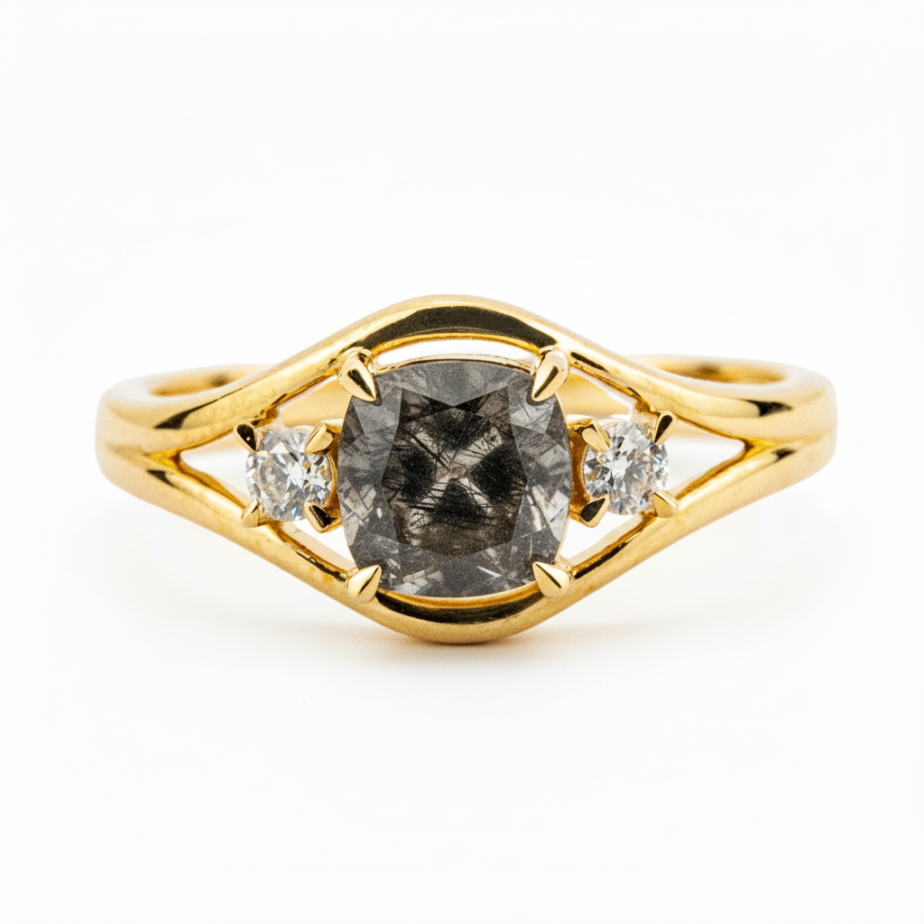 Three Stone - Black Rutilated Quartz Moissanite Personalized Ring Unique Engagement Ring
