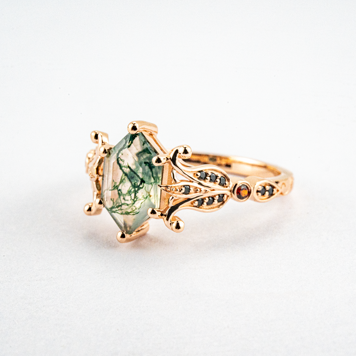 Unique Hexagonal Moss Agate and Black Onyx Rose Gold Ring Moss Agate Engagement Ring