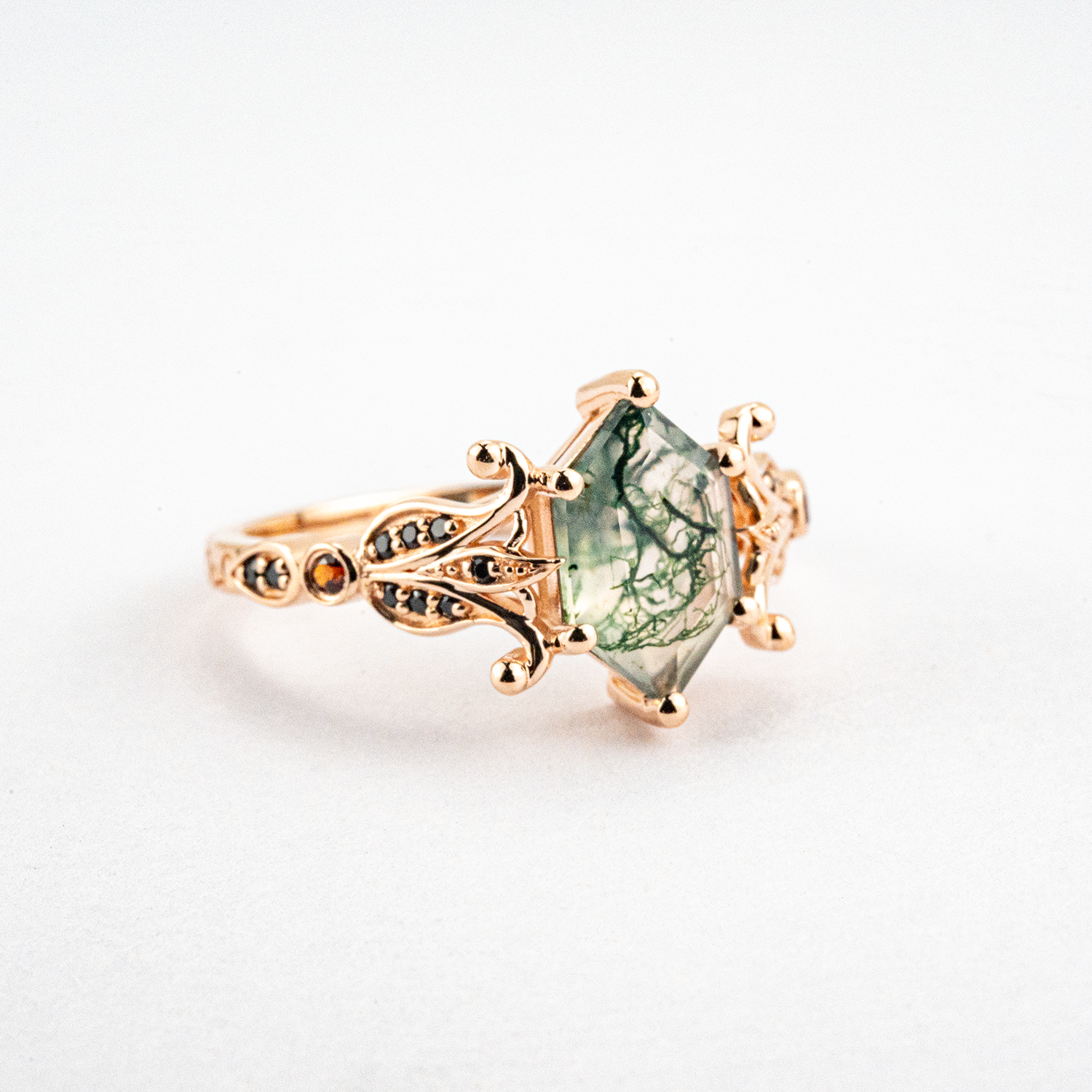 Unique Hexagonal Moss Agate and Black Onyx Rose Gold Ring Moss Agate Engagement Ring