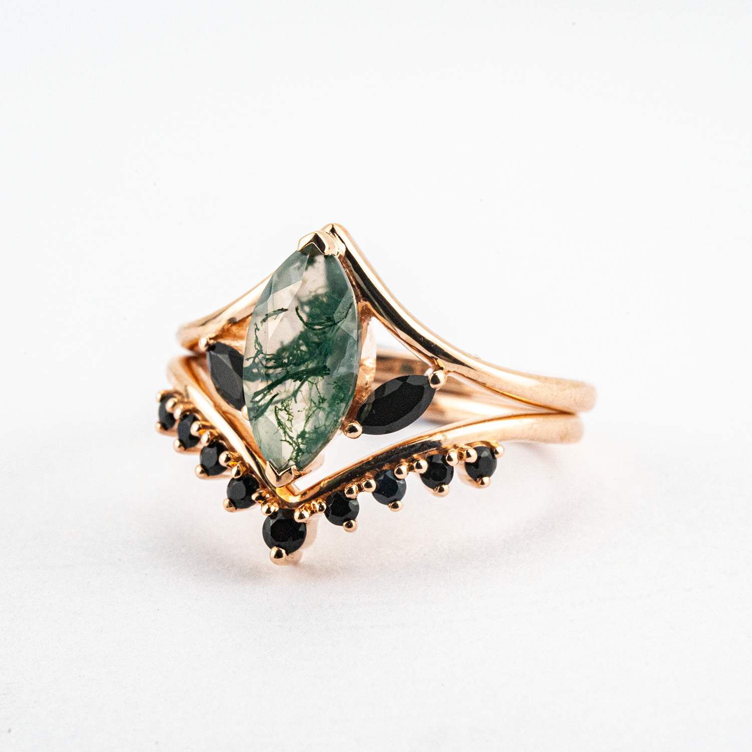 Unique Marquise Cut Moss Agate and Black Onyx Rose Gold Ring Set Unusual Ring