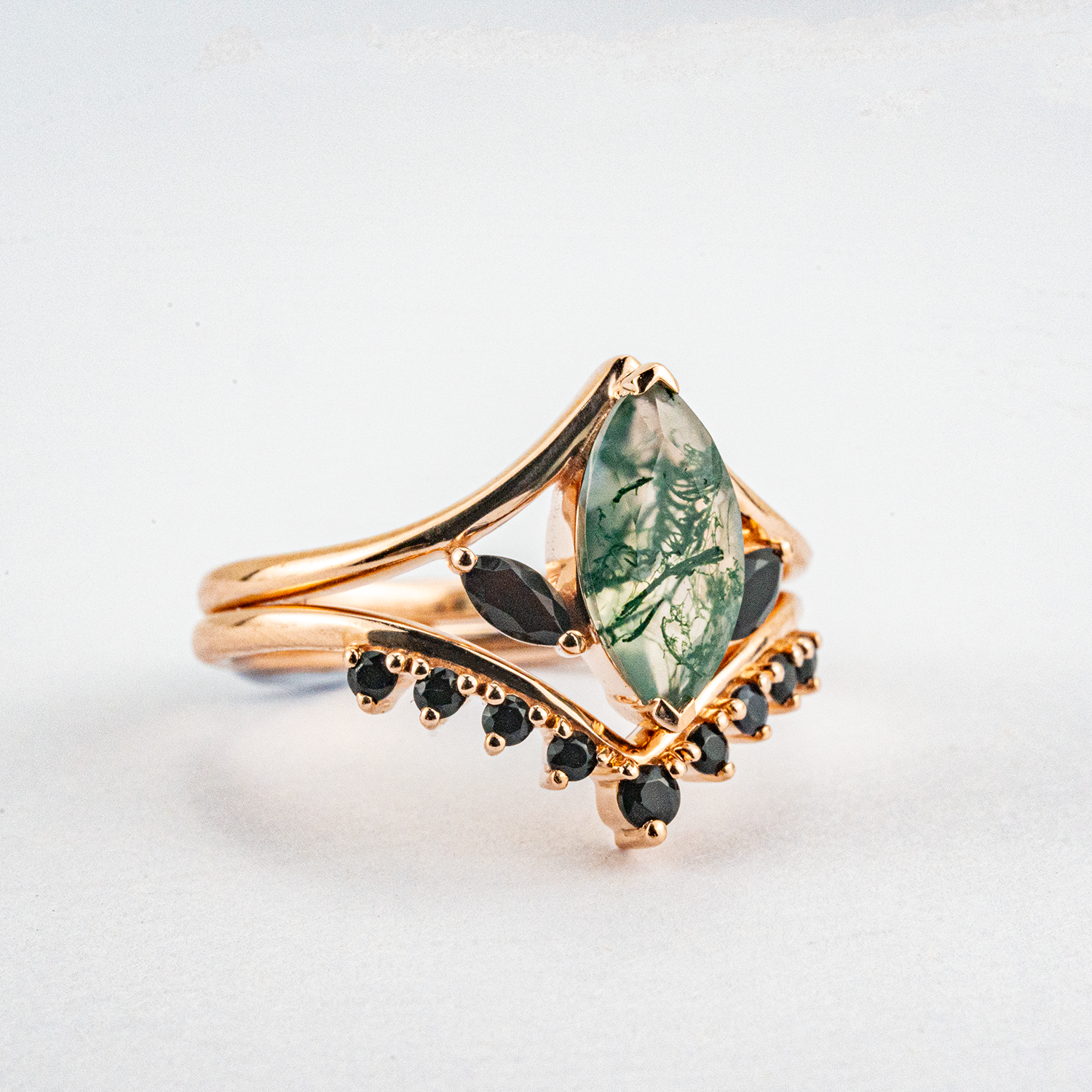 Unique Marquise Cut Moss Agate and Black Onyx Rose Gold Ring Set Unusual Ring