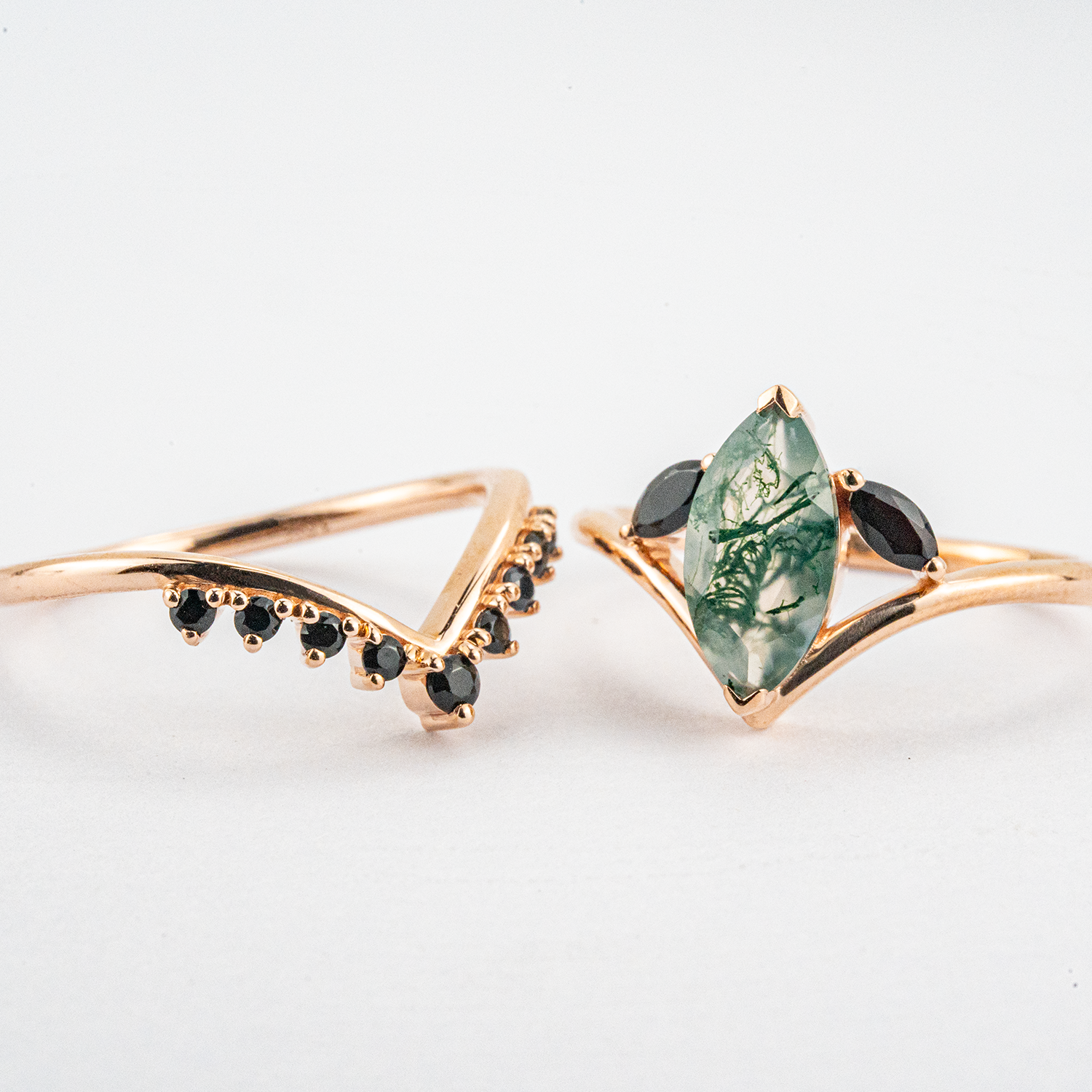 Unique Marquise Cut Moss Agate and Black Onyx Rose Gold Ring Set Unusual Ring