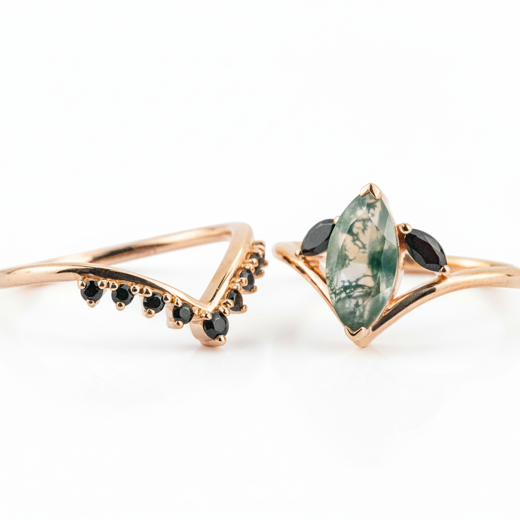 Product view of Marquise Moss Agate Ring Set in Rose Gold