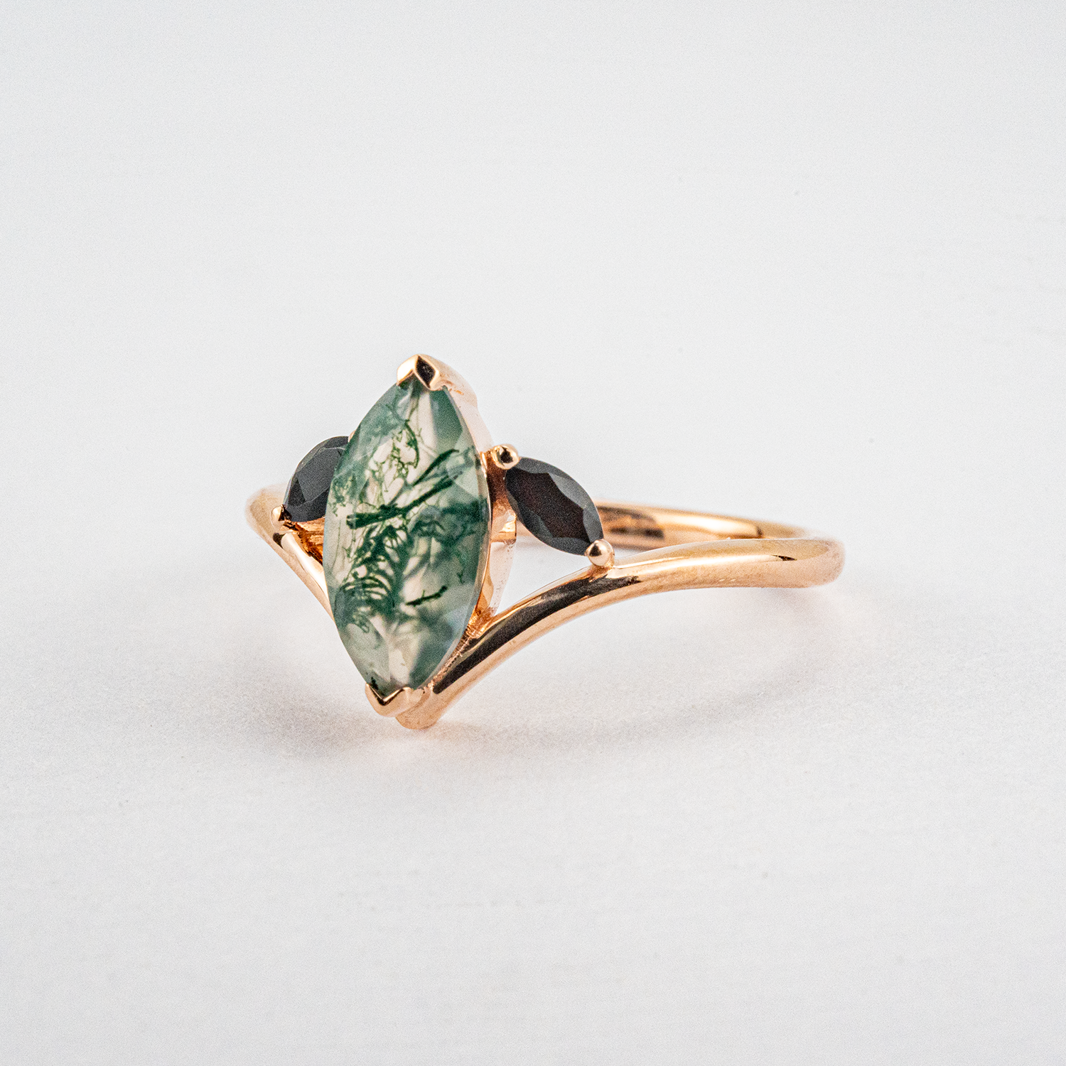 Unique Marquise Cut Moss Agate and Black Onyx Rose Gold Ring Unusual Ring