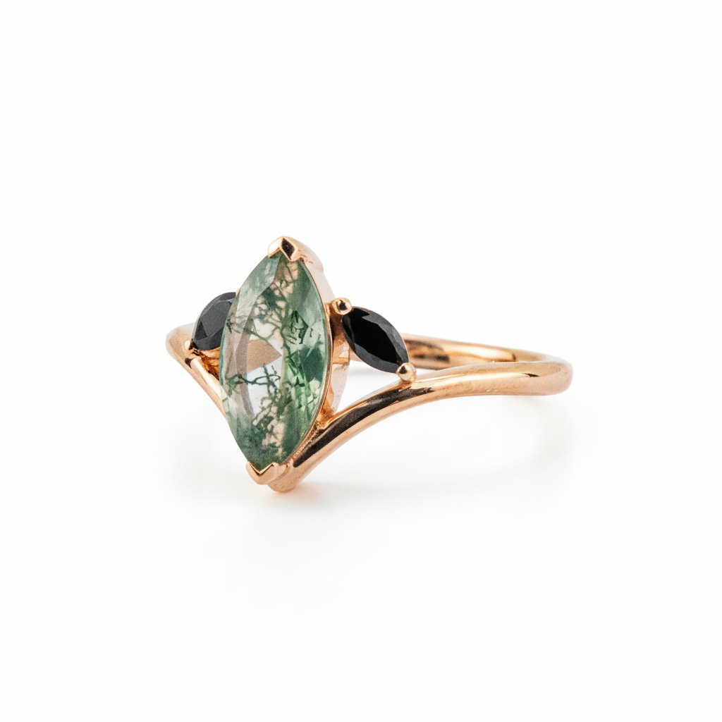Product view of Marquise Moss Agate Ring in Rose Gold