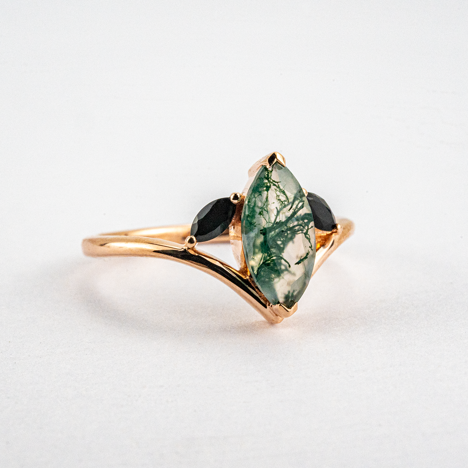 Unique Marquise Cut Moss Agate and Black Onyx Rose Gold Ring Unusual Ring