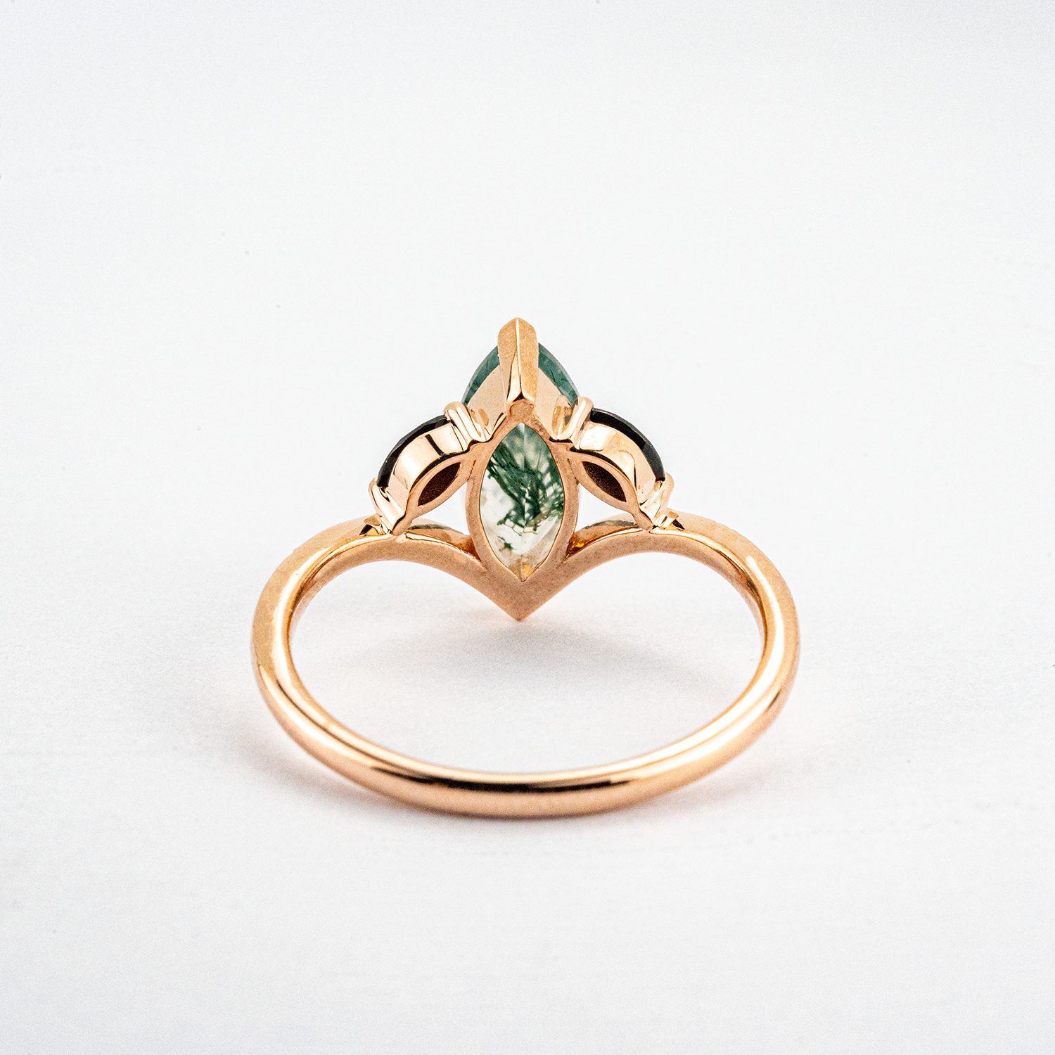 Unique Marquise Cut Moss Agate and Black Onyx Rose Gold Ring Unusual Ring