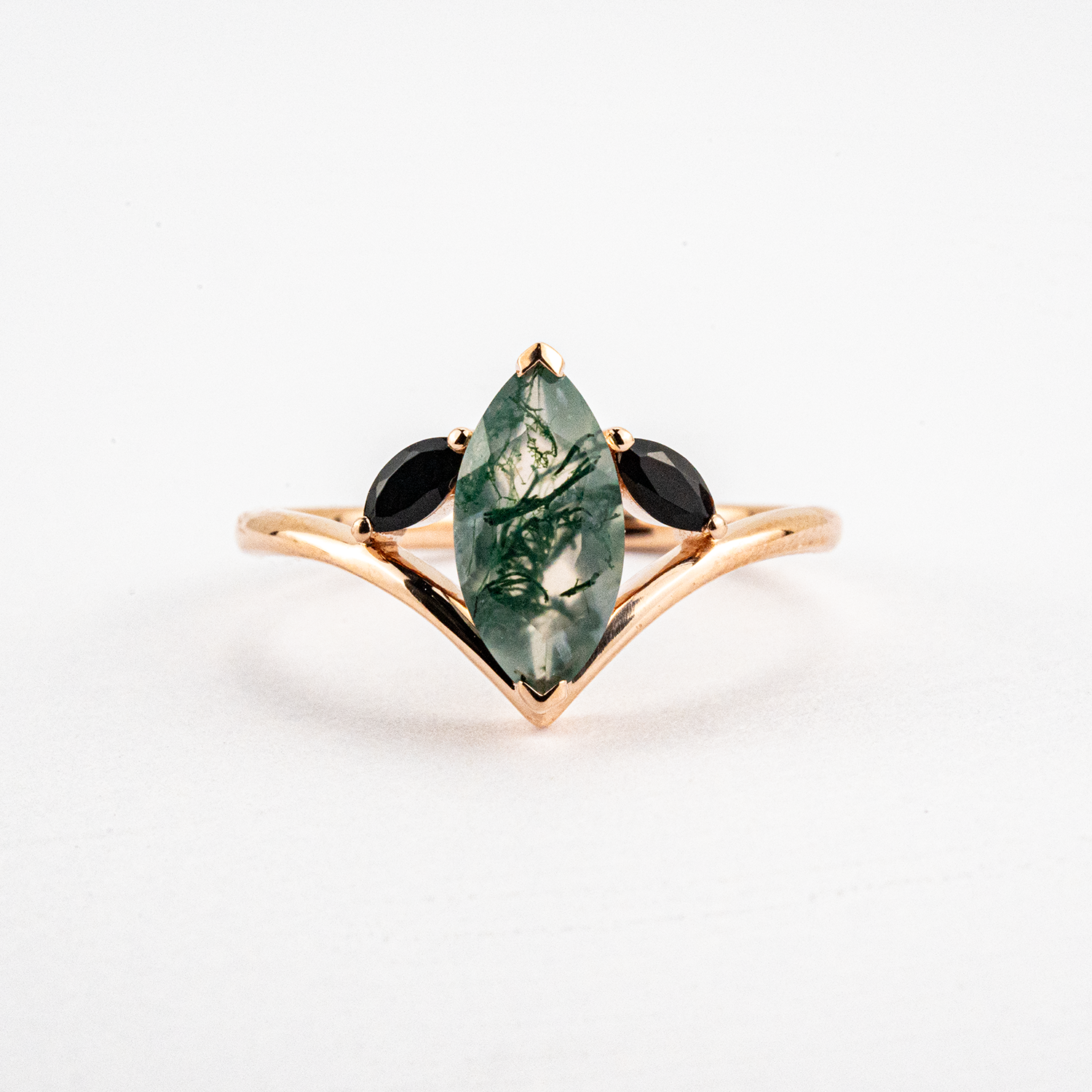 Unique Marquise Cut Moss Agate and Black Onyx Rose Gold Ring Unusual Ring
