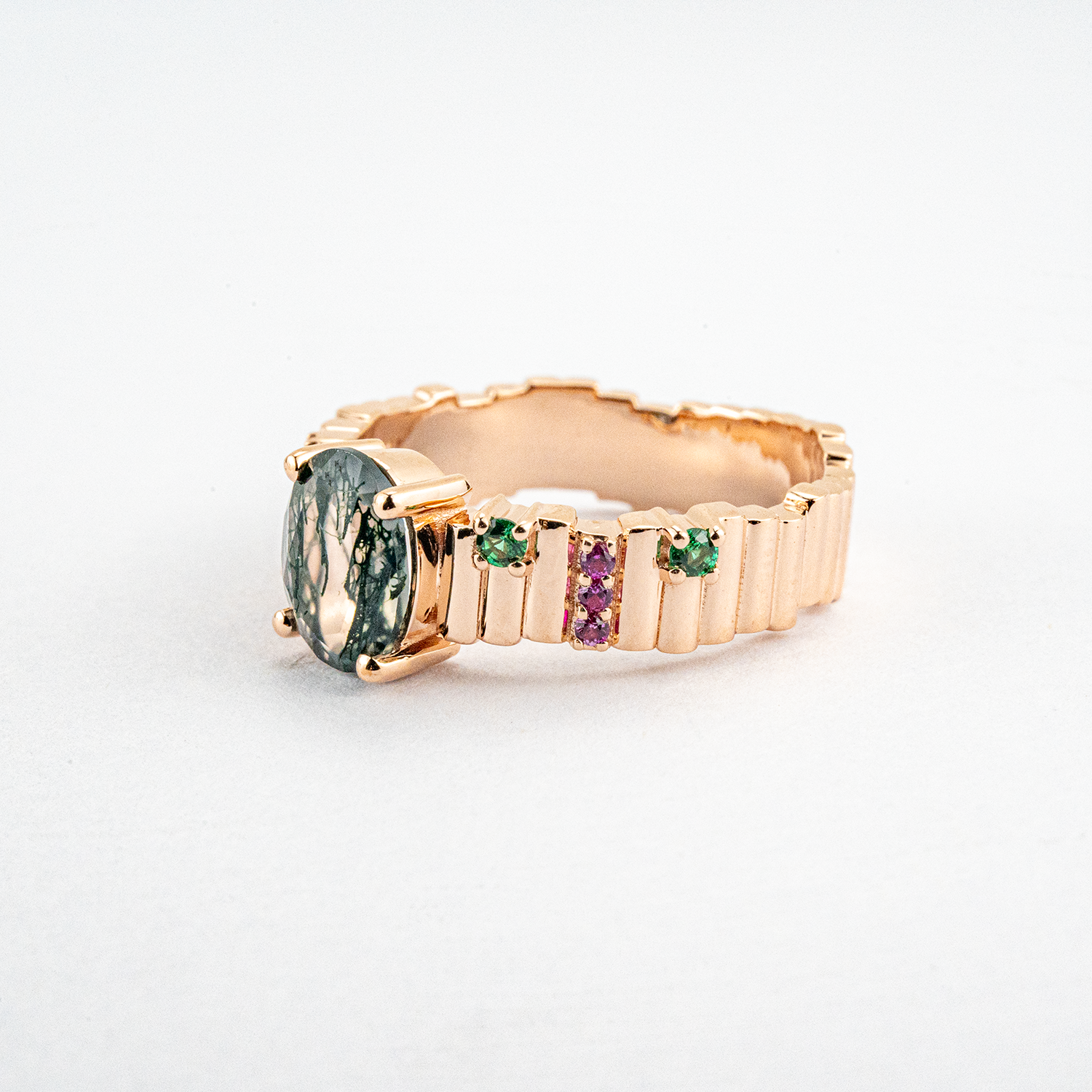 Unique Oval Moss Agate with Red and Green Sapphire Irregular Rose Gold Ring