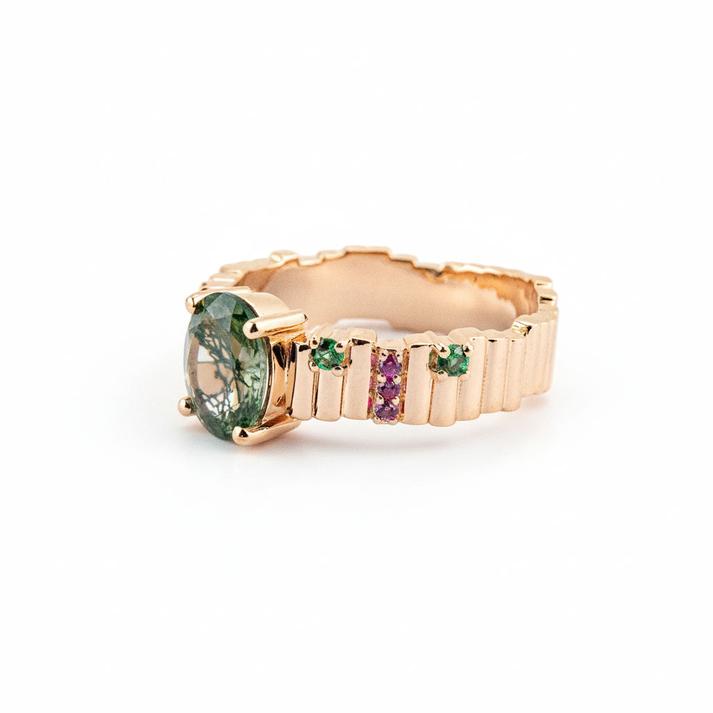 Product view of Oval Moss Agate Ring in Rose Gold
