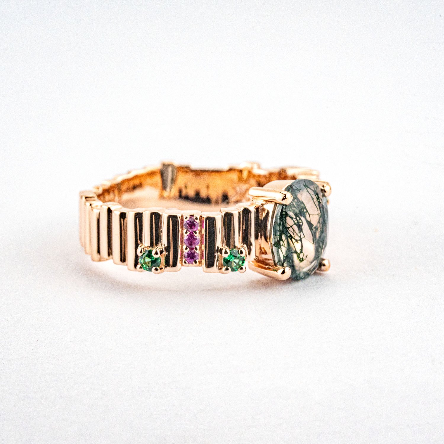 Unique Oval Moss Agate with Red and Green Sapphire Irregular Rose Gold Ring