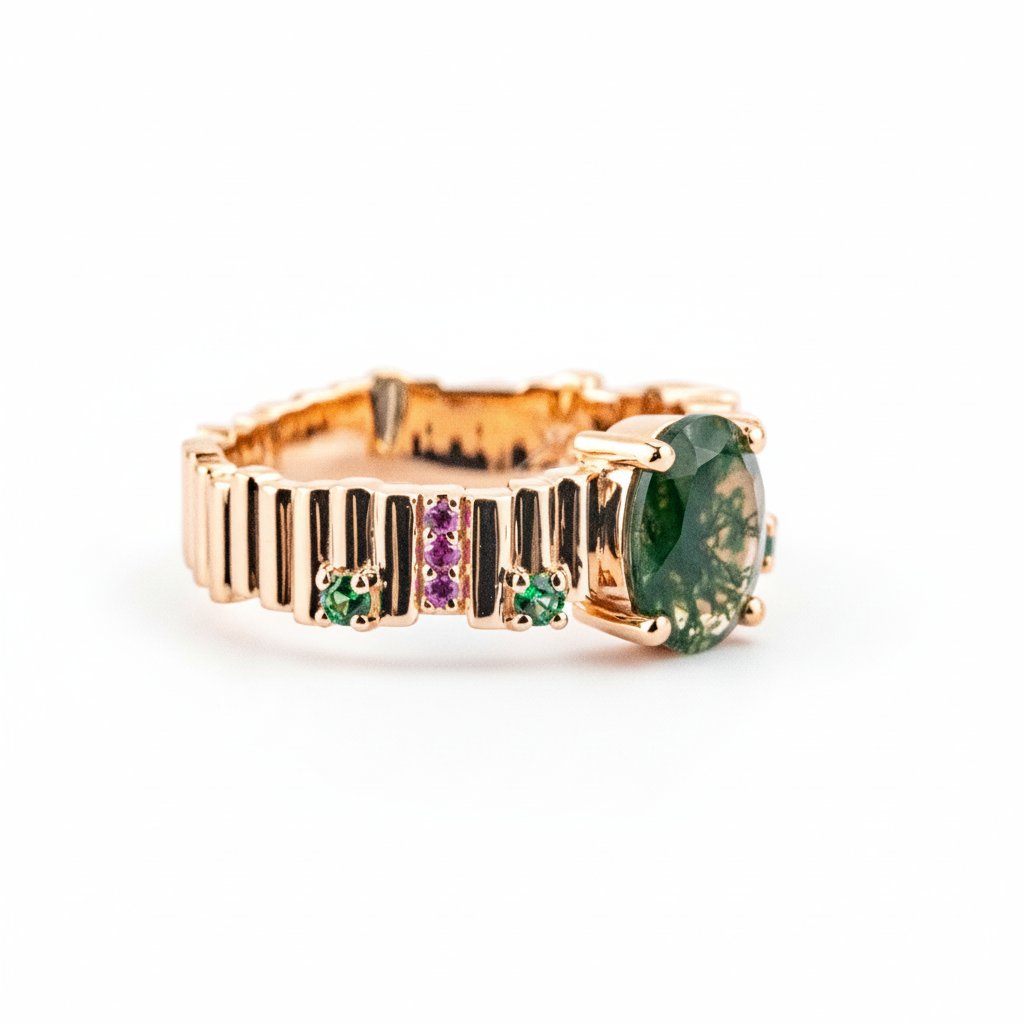 Product view of Oval Moss Agate Ring in Rose Gold