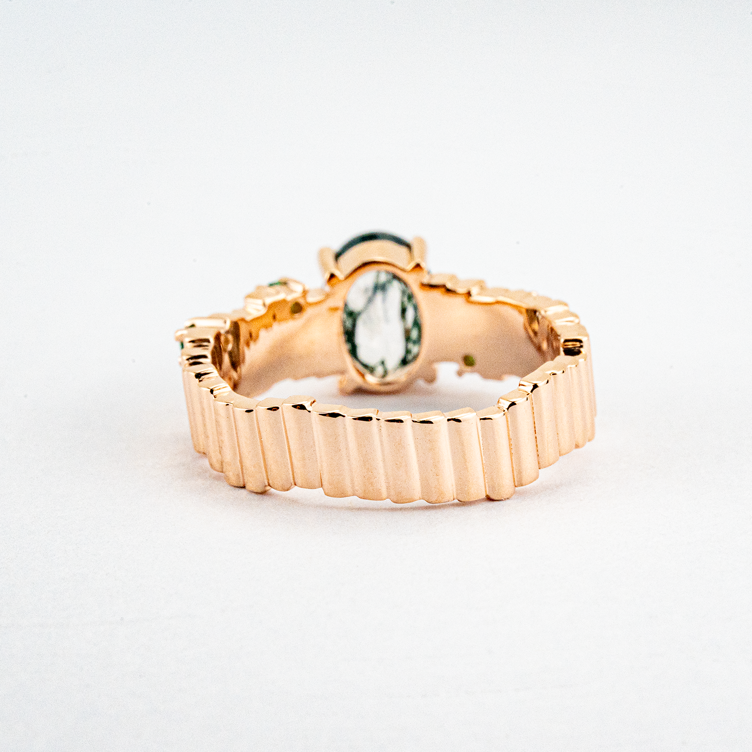 Unique Oval Moss Agate with Red and Green Sapphire Irregular Rose Gold Ring
