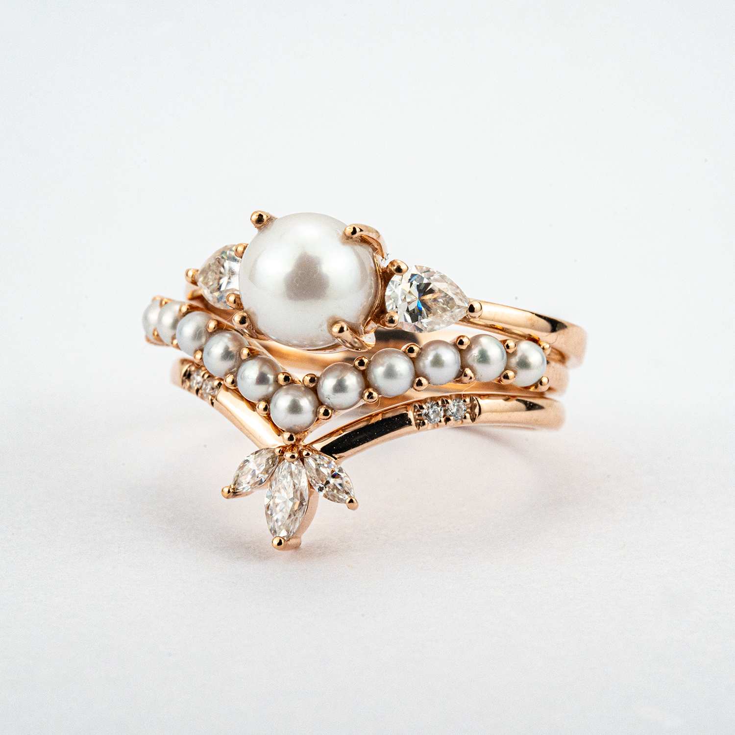 Unique Pearl Ring with Moissanite Rose Gold Engagement Ring Set Pearl Engagement Ring Set