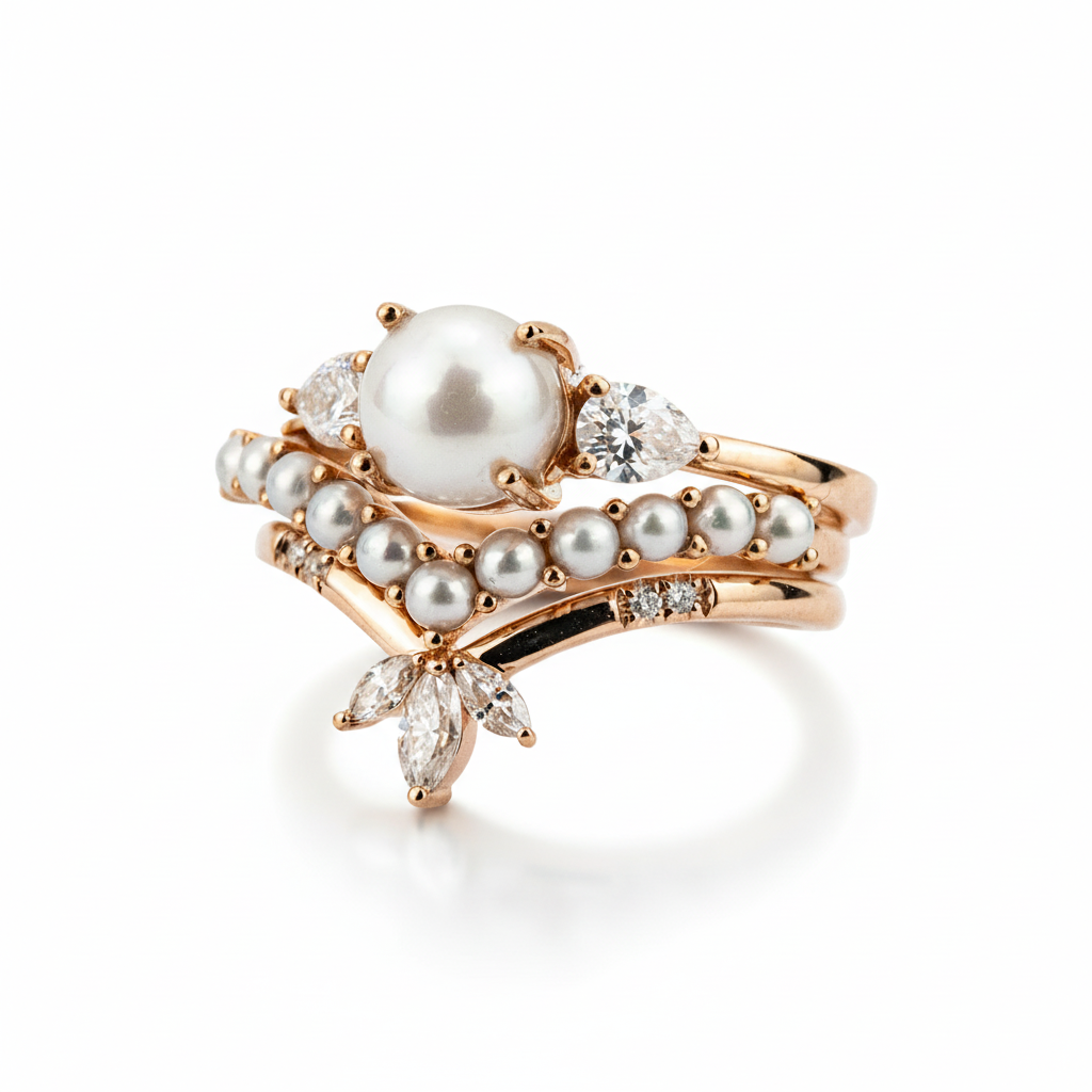 Product view of Pear Pearl Ring Set in Rose Gold