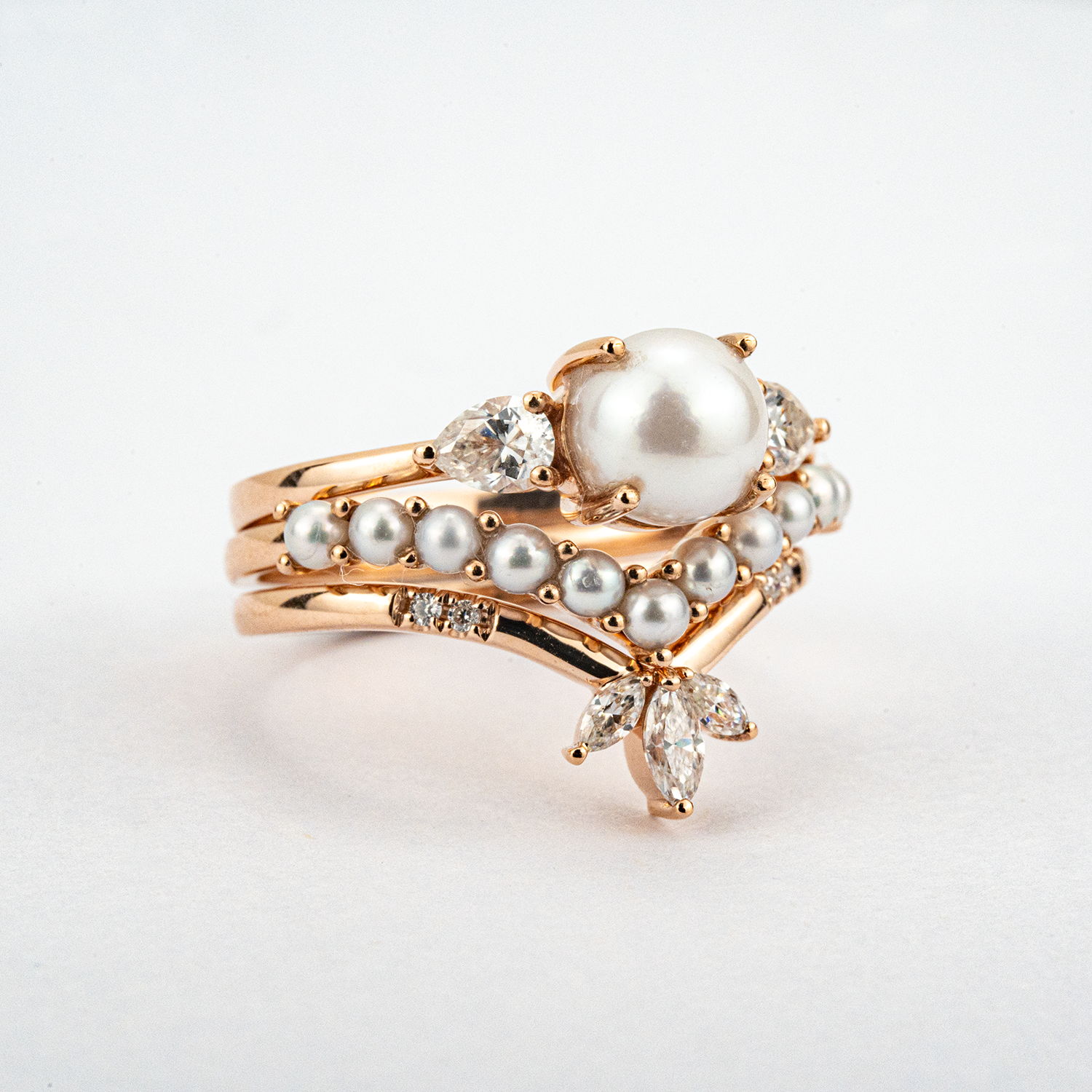 Unique Pearl Ring with Moissanite Rose Gold Engagement Ring Set Pearl Engagement Ring Set