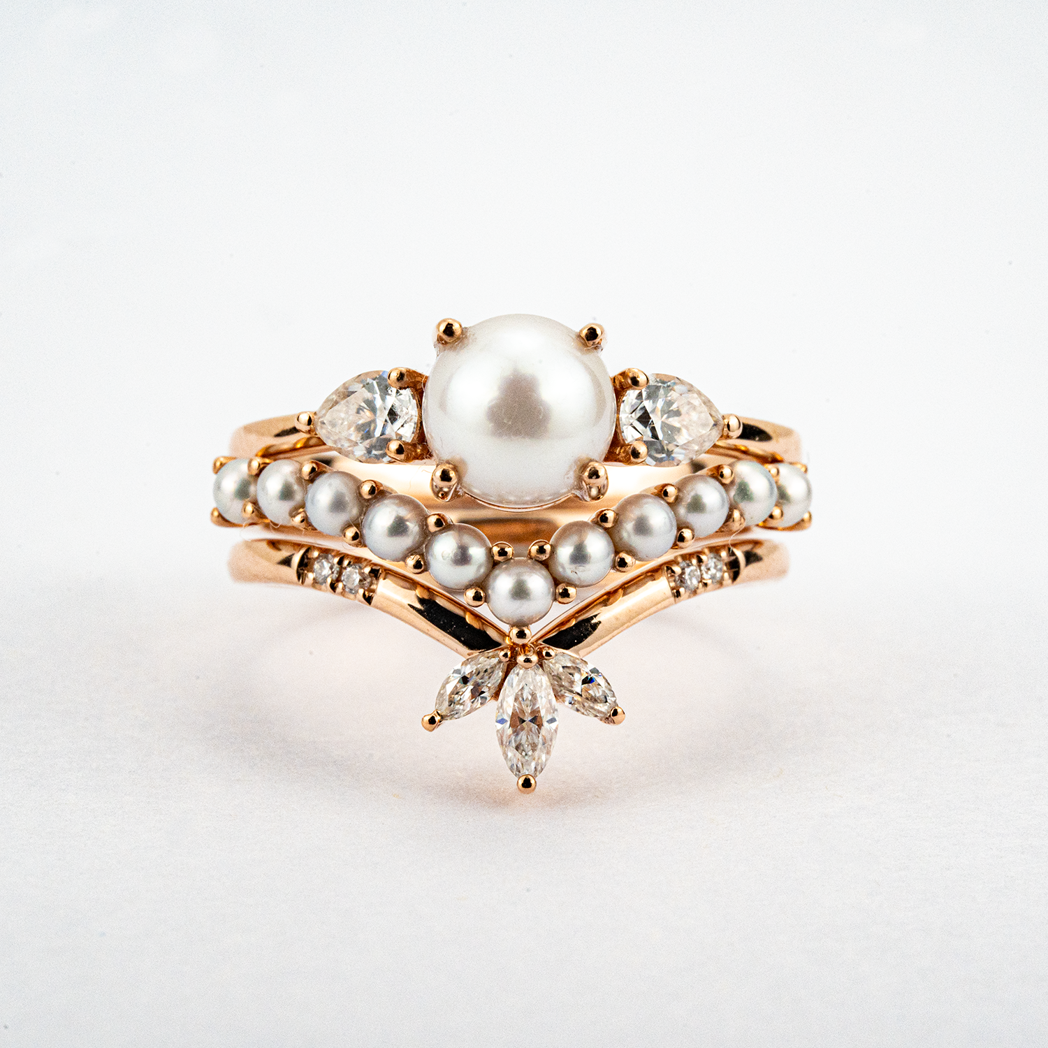 Unique Pearl Ring with Moissanite Rose Gold Engagement Ring Set Pearl Engagement Ring Set