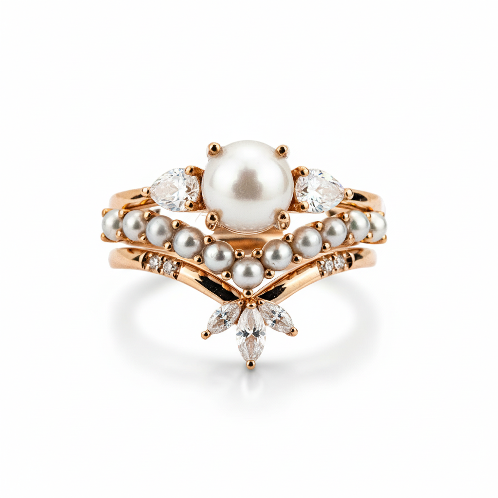 Unique Pearl Ring with Moissanite Rose Gold Engagement Ring Set Pearl Engagement Ring Set