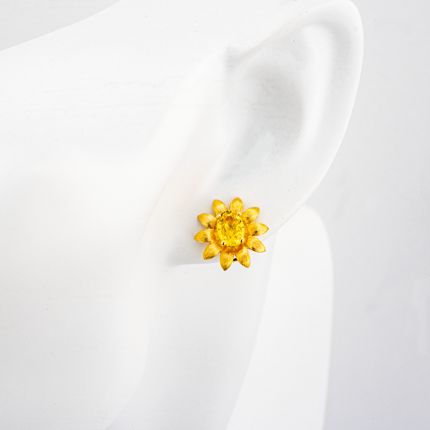 Unique Sunflower Texture Stud Earrings Oval Yellow Sapphire with Unique Texture