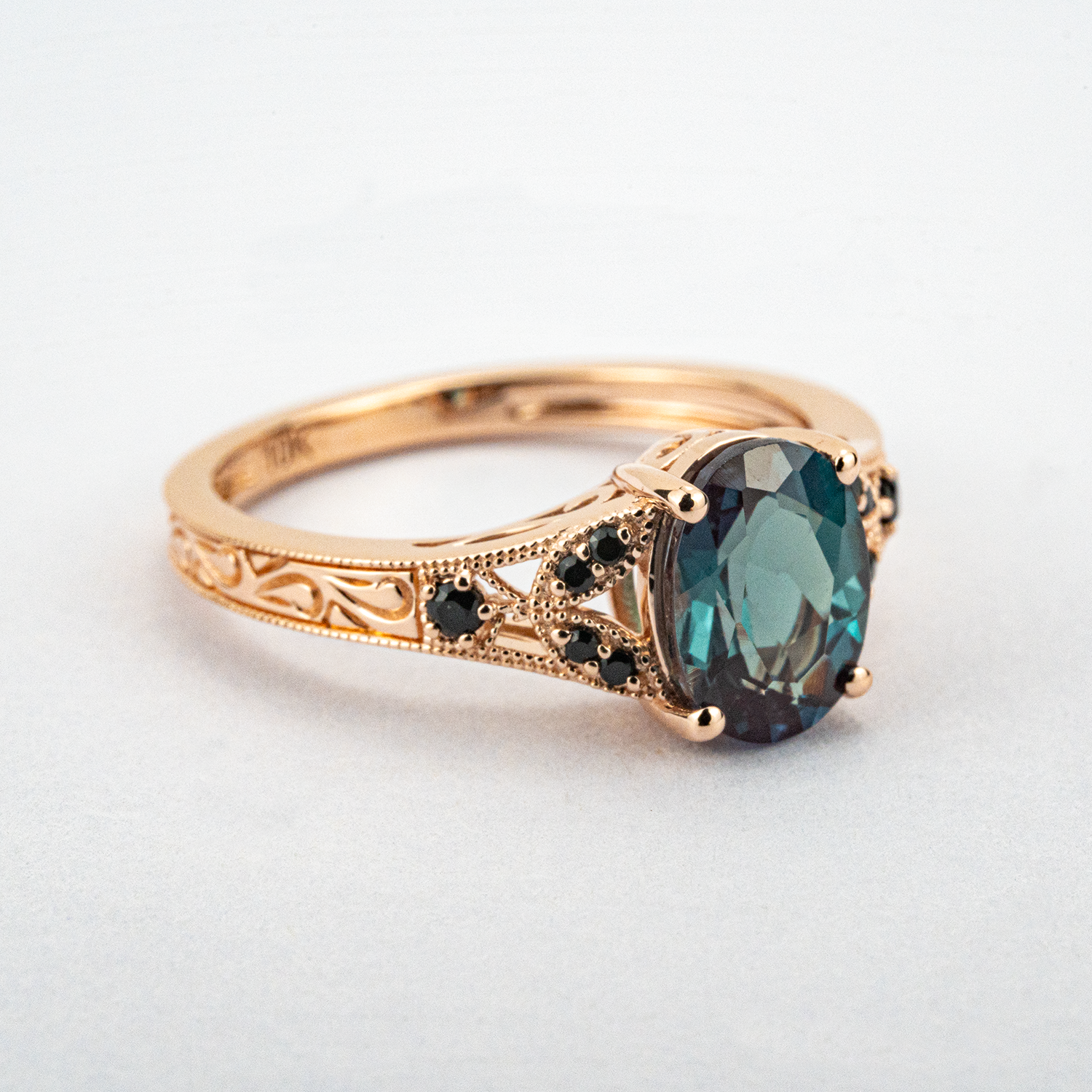 Vintage Oval Alexandrite and Black Onyx Rose Gold Pattern Ring Alexandrite Engagement Ring