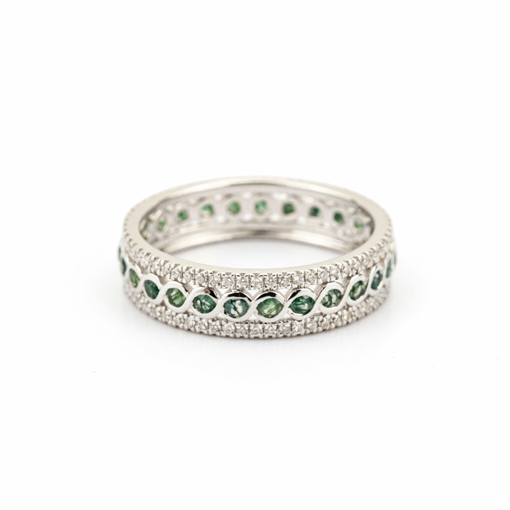 Product view of Moss Agate Wedding Band in White Gold