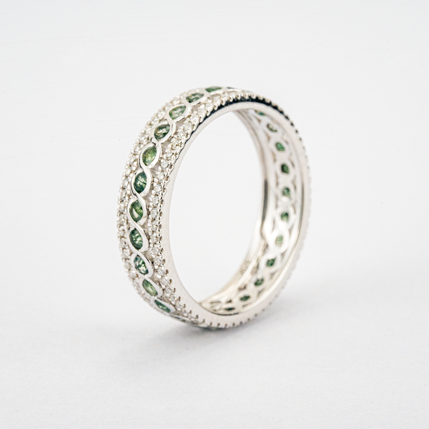 Vintage Unique Moss Agate White Gold Ring with Moissanite Moss Agate Wedding Band