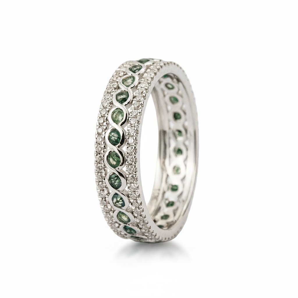 Product view of Moss Agate Wedding Band in White Gold