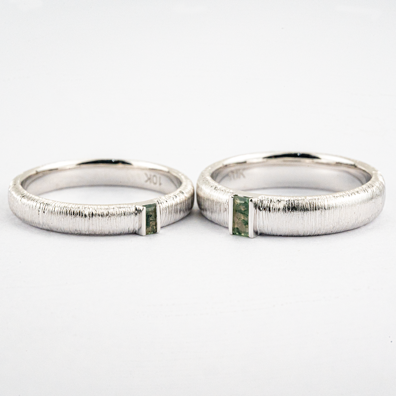 White Gold Textured Couple Ring with Moss Agate Promise Rings Unique Couple Ring