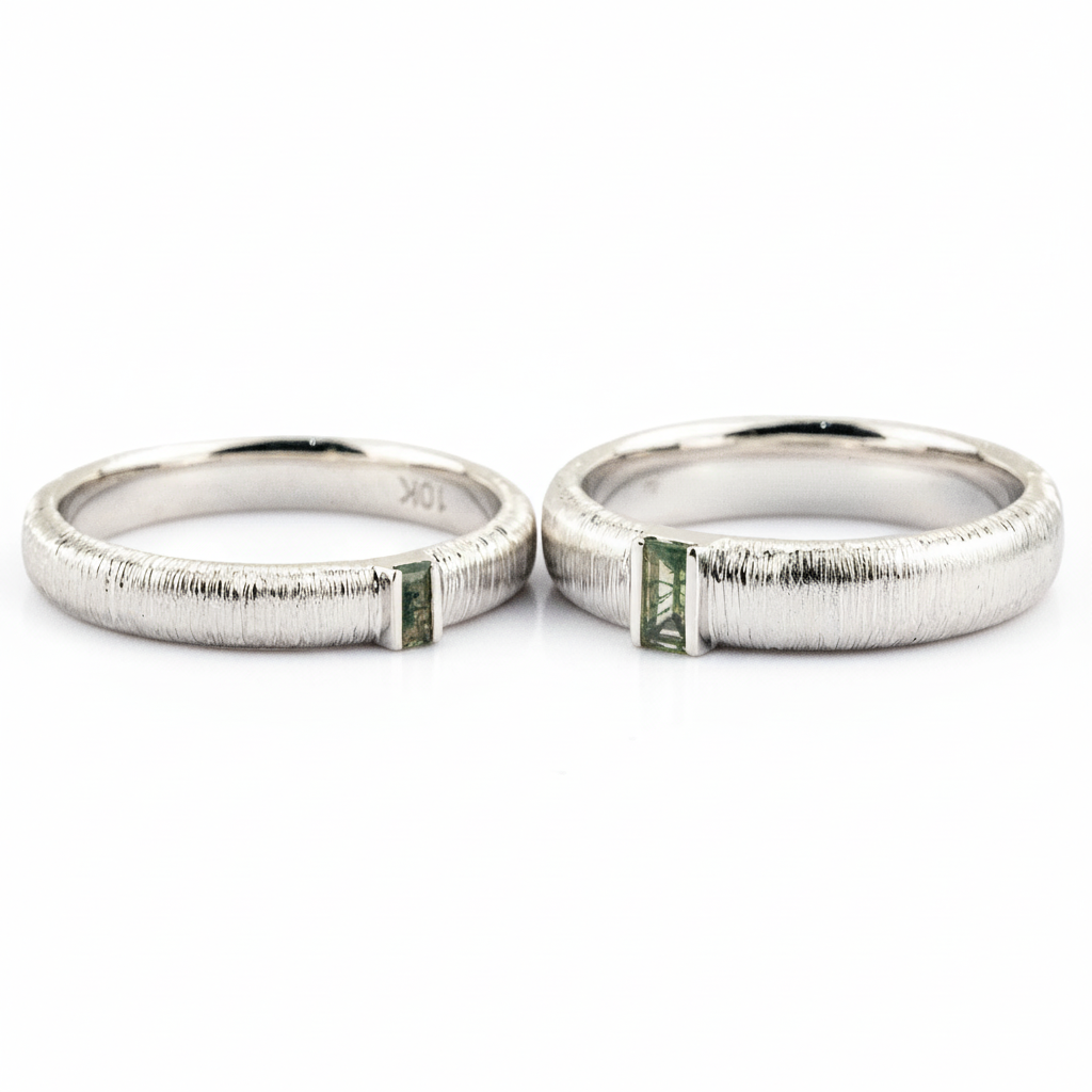 Lifestyle view of Moss Agate Couple Ring Set in White Gold