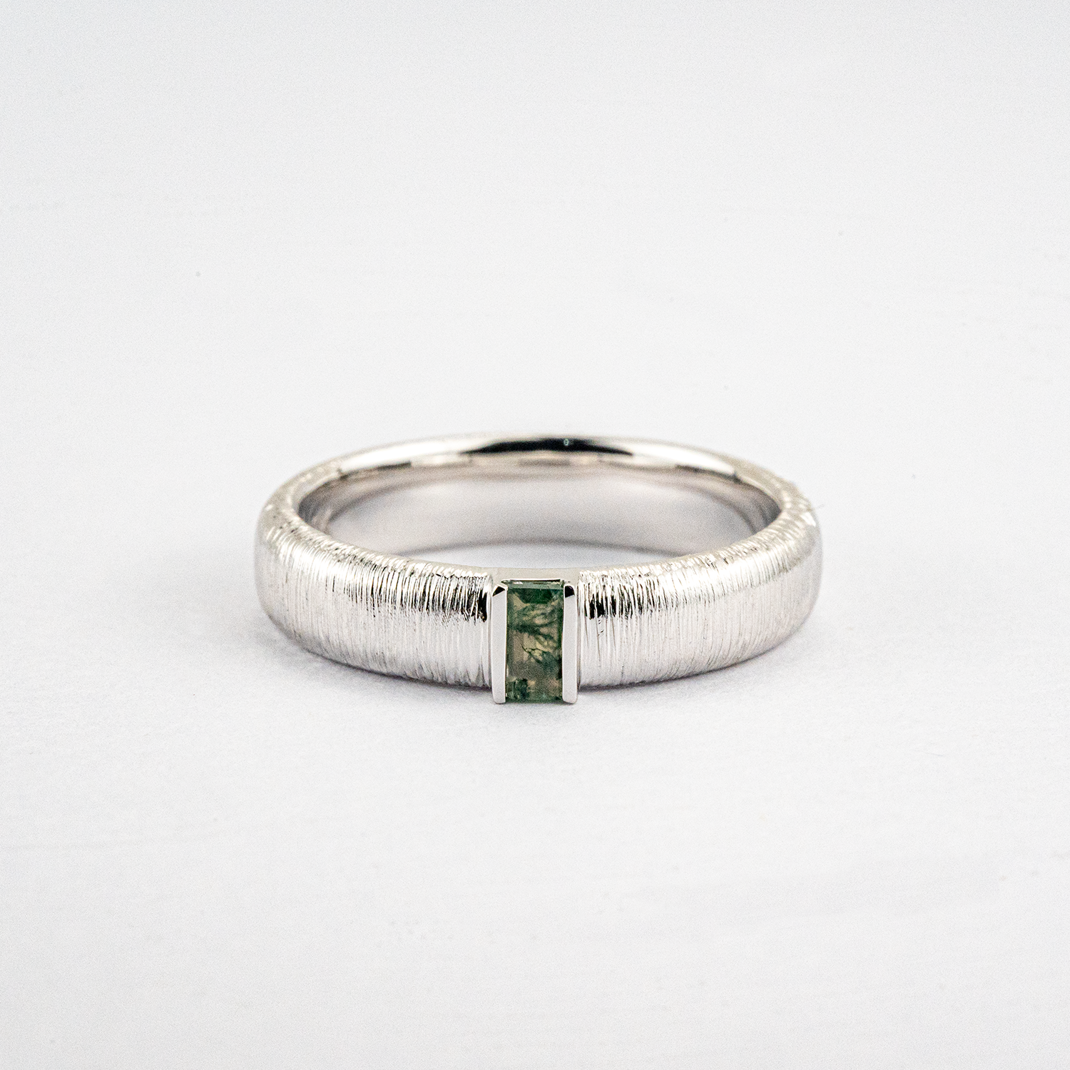 White Gold Textured Couple Ring with Moss Agate Promise Rings Unique Couple Ring