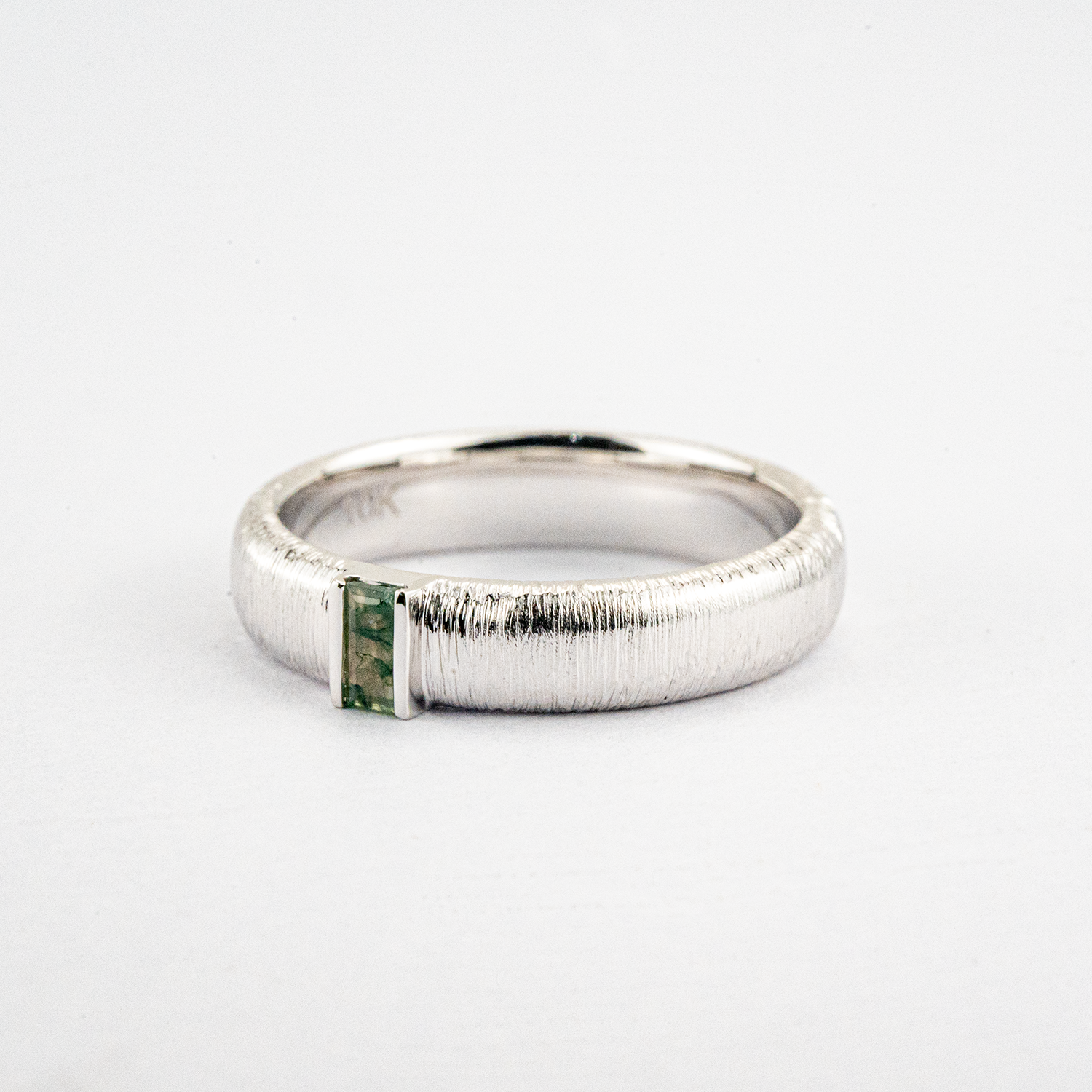 White Gold Textured Couple Ring with Moss Agate Promise Rings Unique Couple Ring