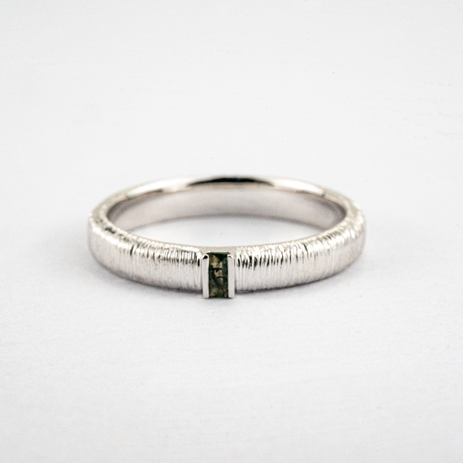 White Gold Textured Couple Ring with Moss Agate Promise Rings Unique Couple Ring