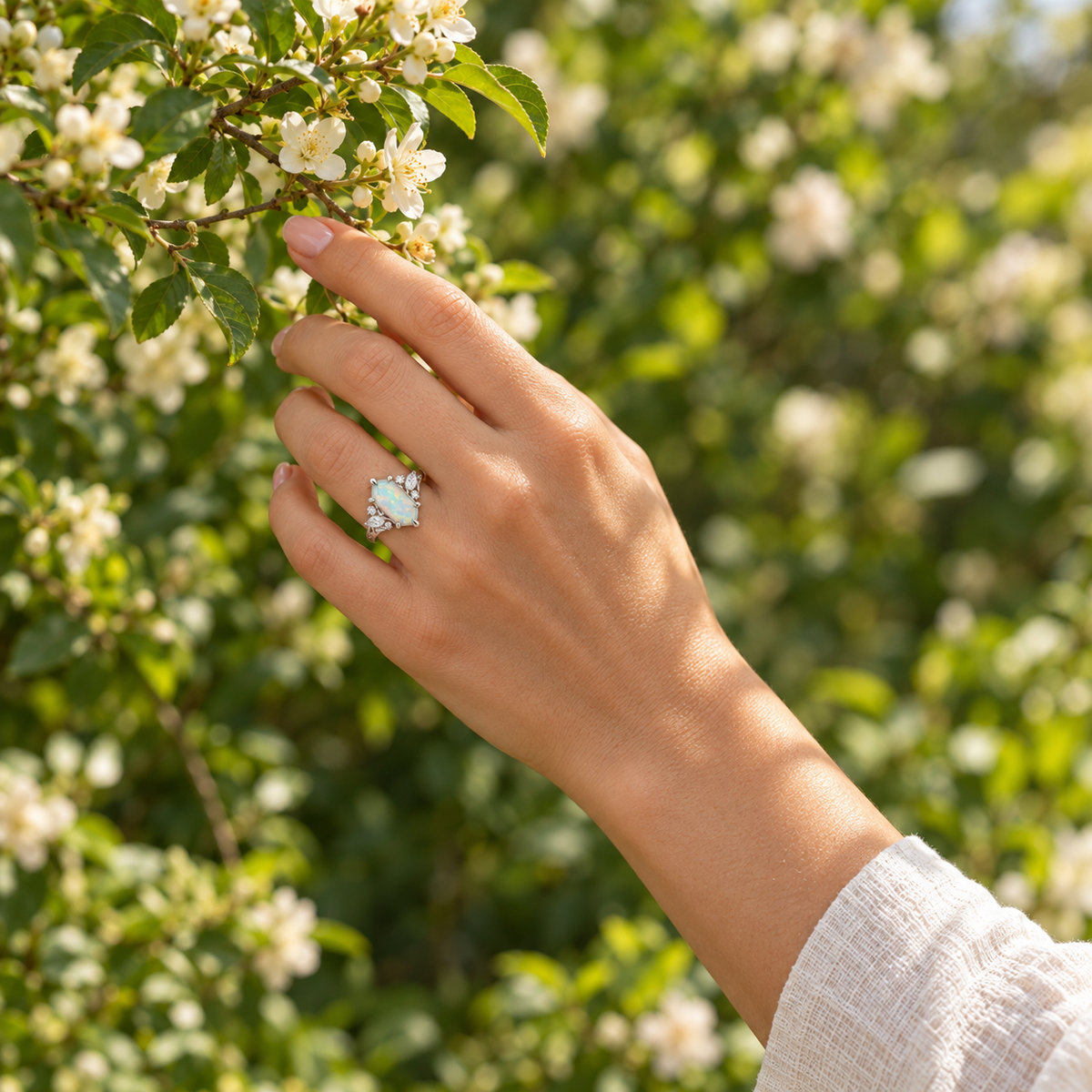 Elongated hexagonal opal engagement ring with colorful iridescent gemstone