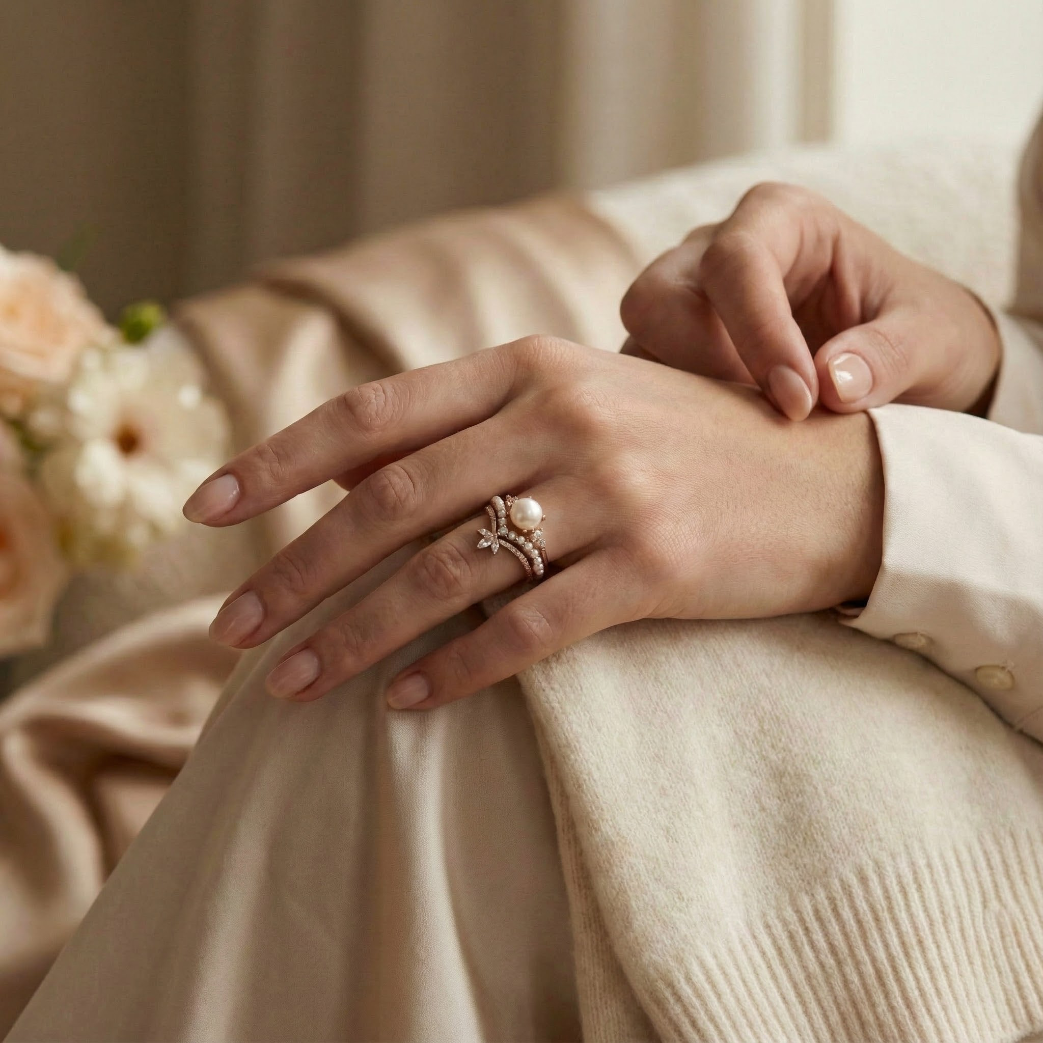 Unique Pearl Ring with Moissanite Rose Gold Engagement Ring Set Pearl Engagement Ring Set