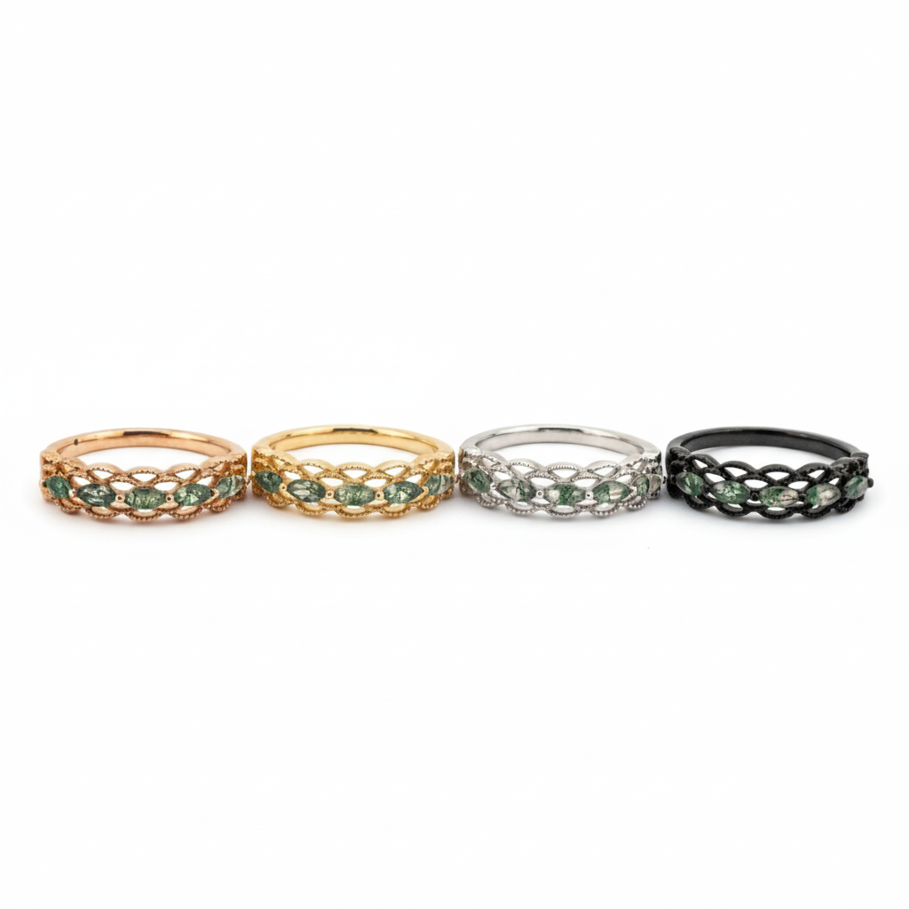 Lifestyle view of Moss Agate Ring in Gold