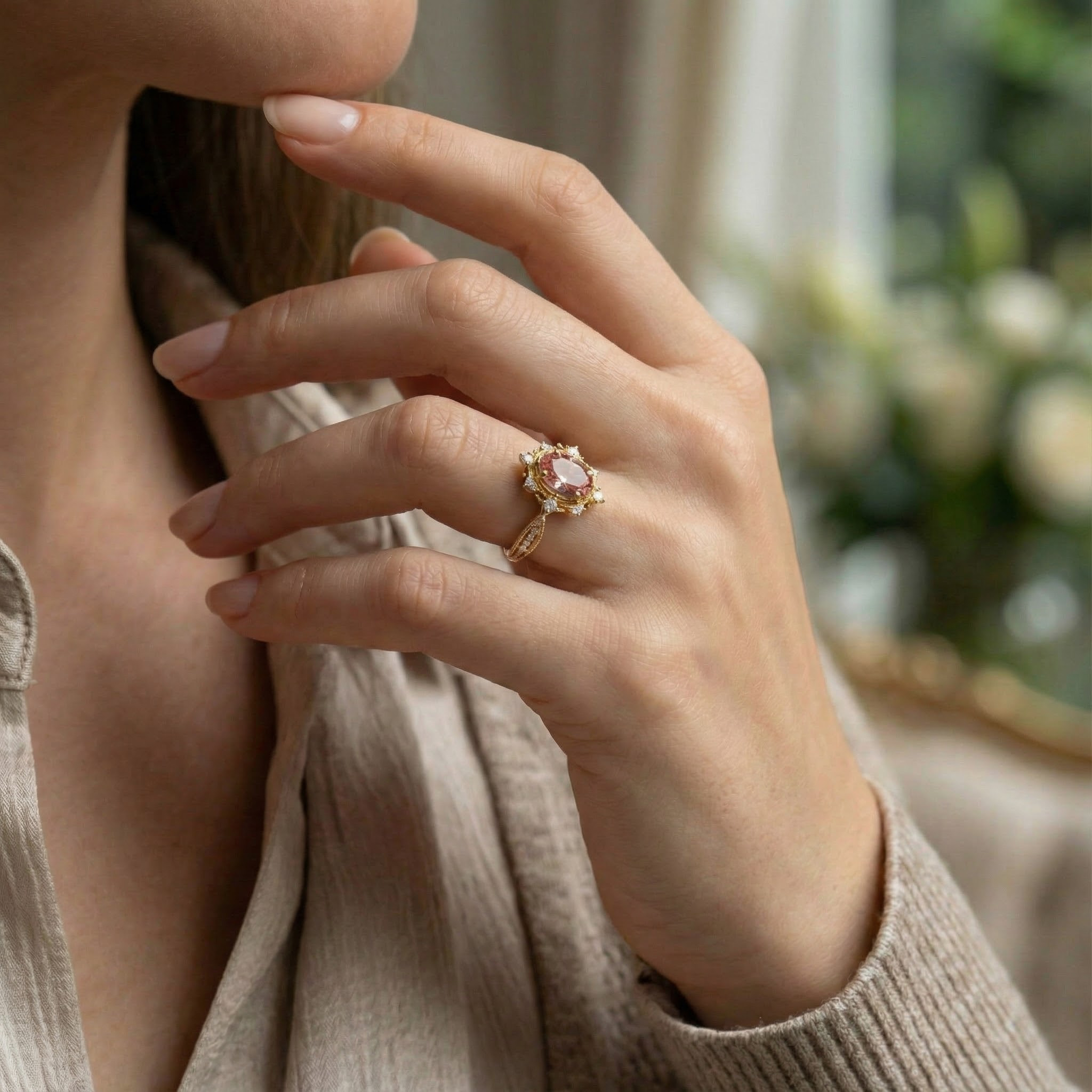 Detailed view of Padparadscha Sapphire Ring in Rose Gold