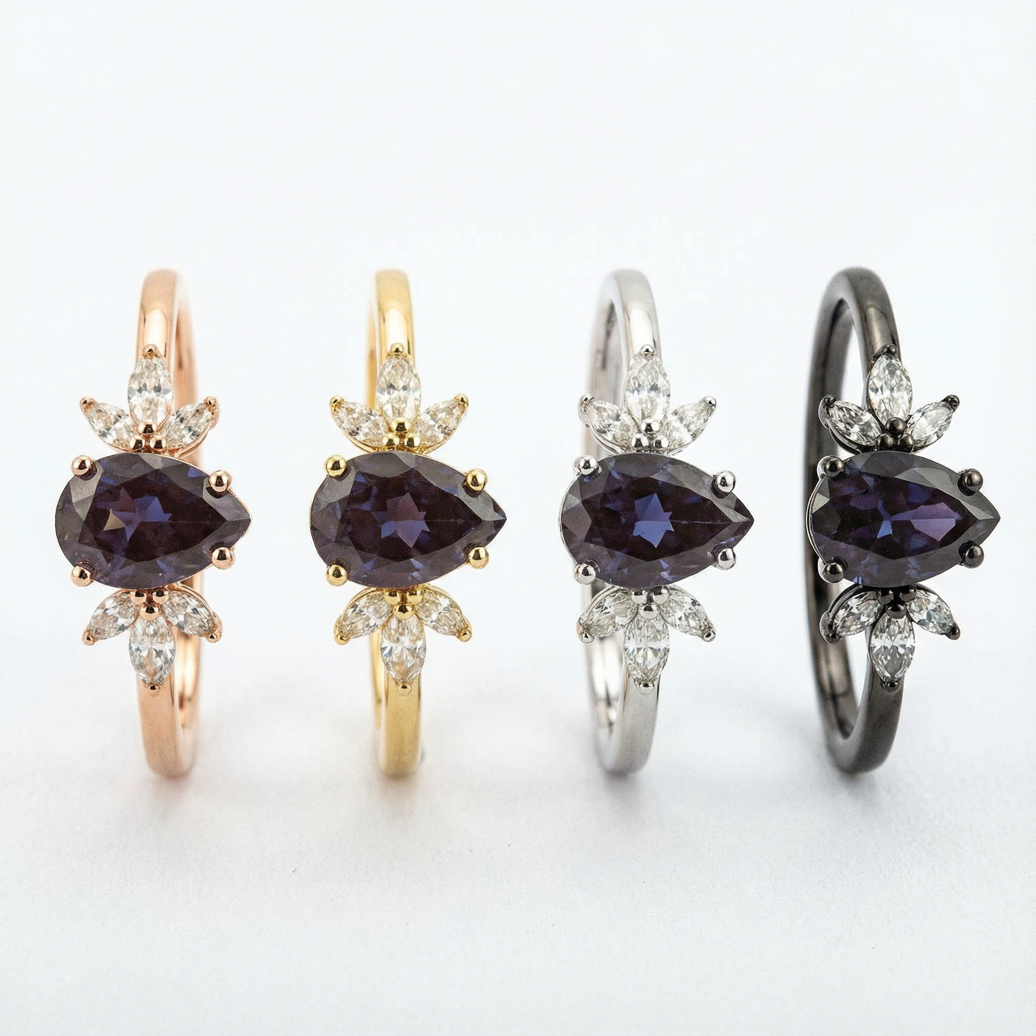 Elegant pear cut Alexandrite ring, the ultimate symbol of love and commitment.