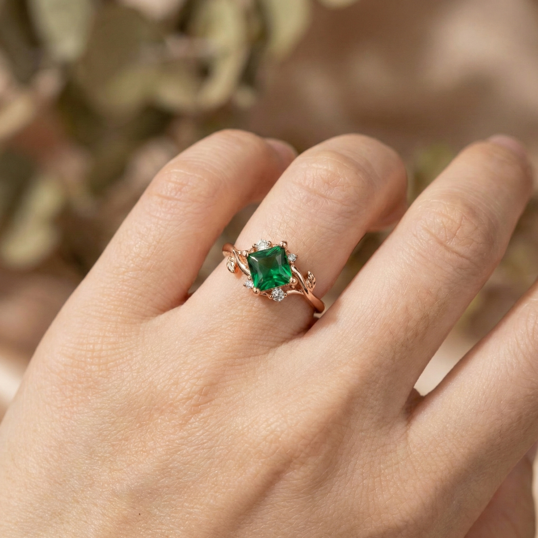 Princess Lab Emerald Engagement Ring With Moissanite
