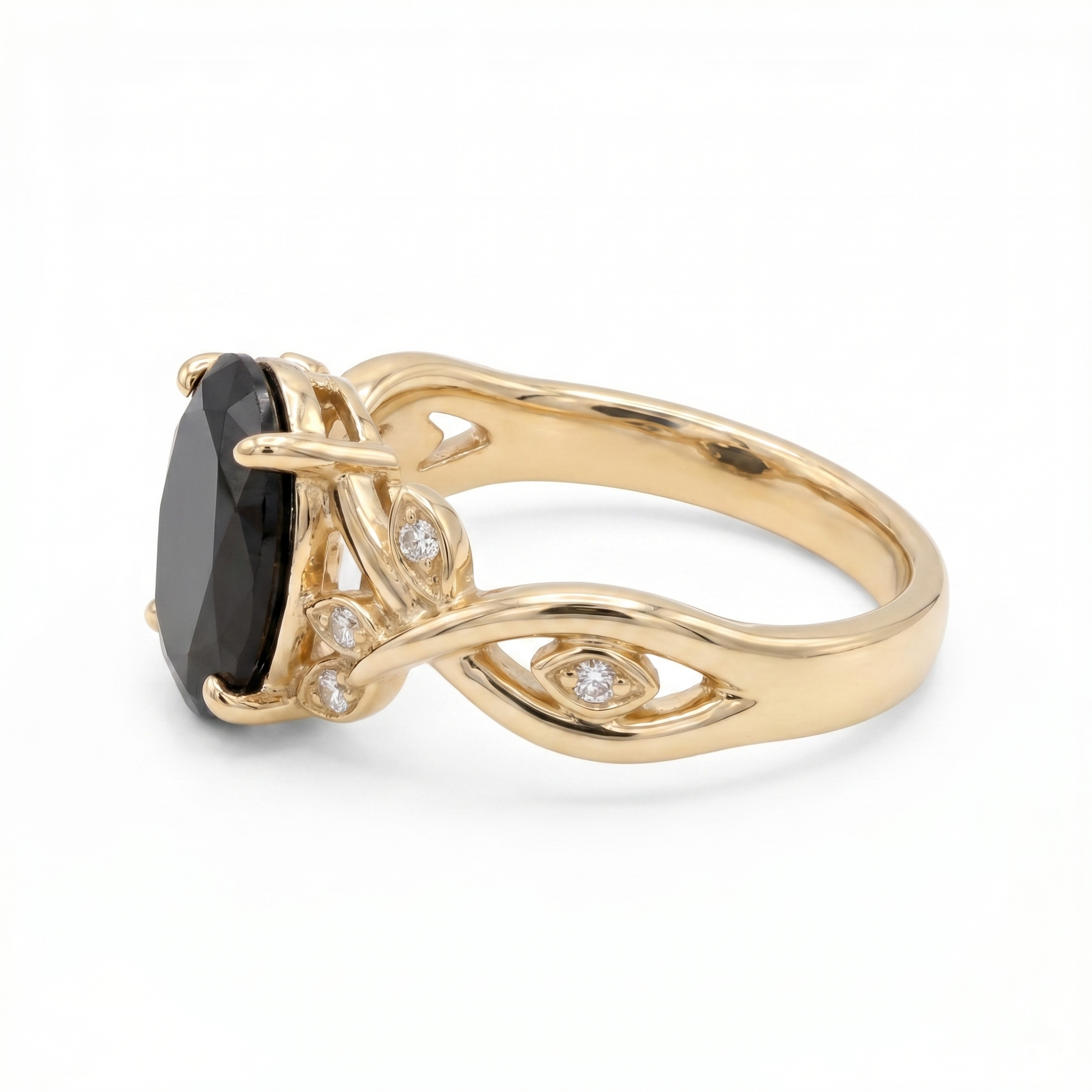 Black Onyx Leaf Vine Ring – Oval Gold Nature Inspired Ring