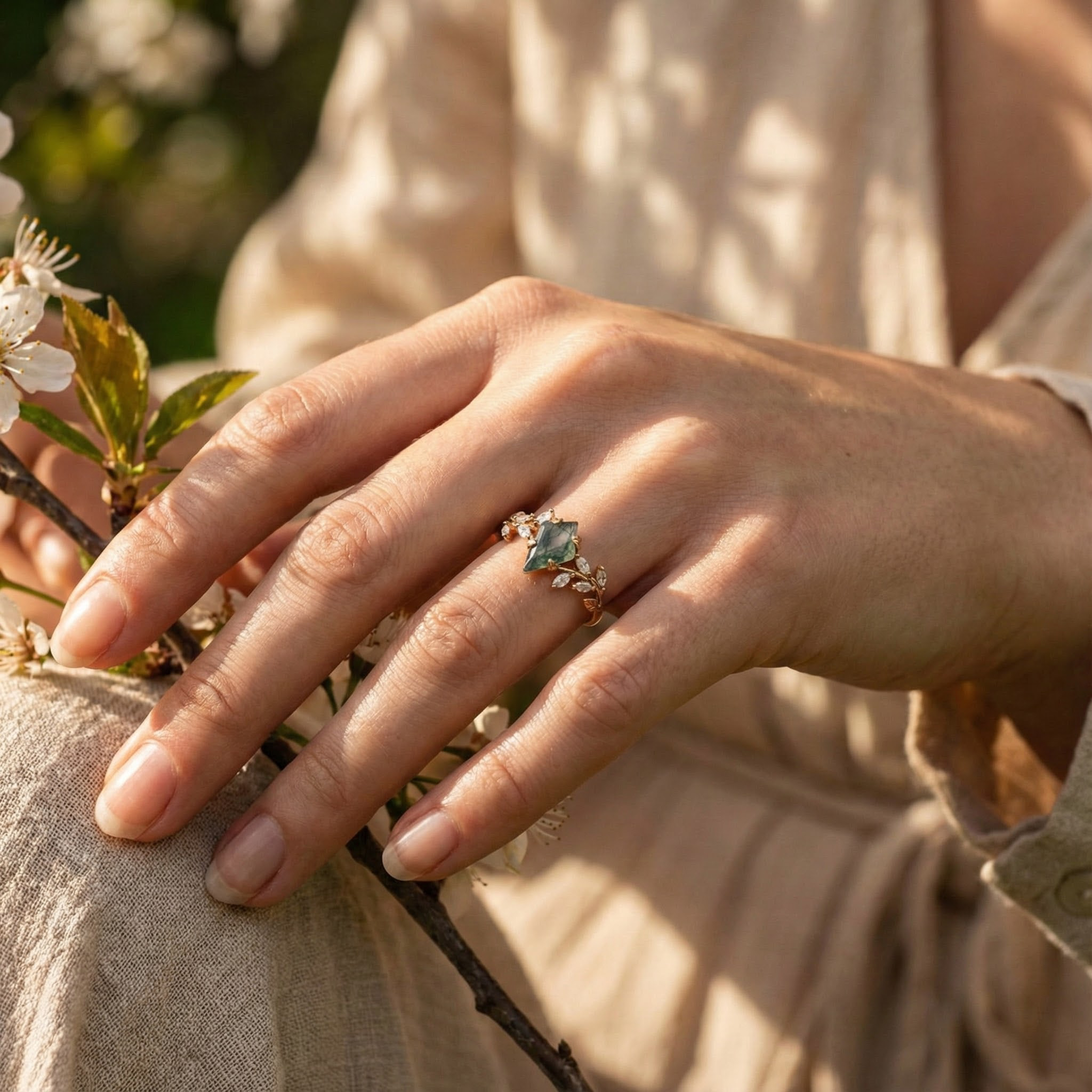 Detailed view of Kite Cut Moss Agate Ring in Gold