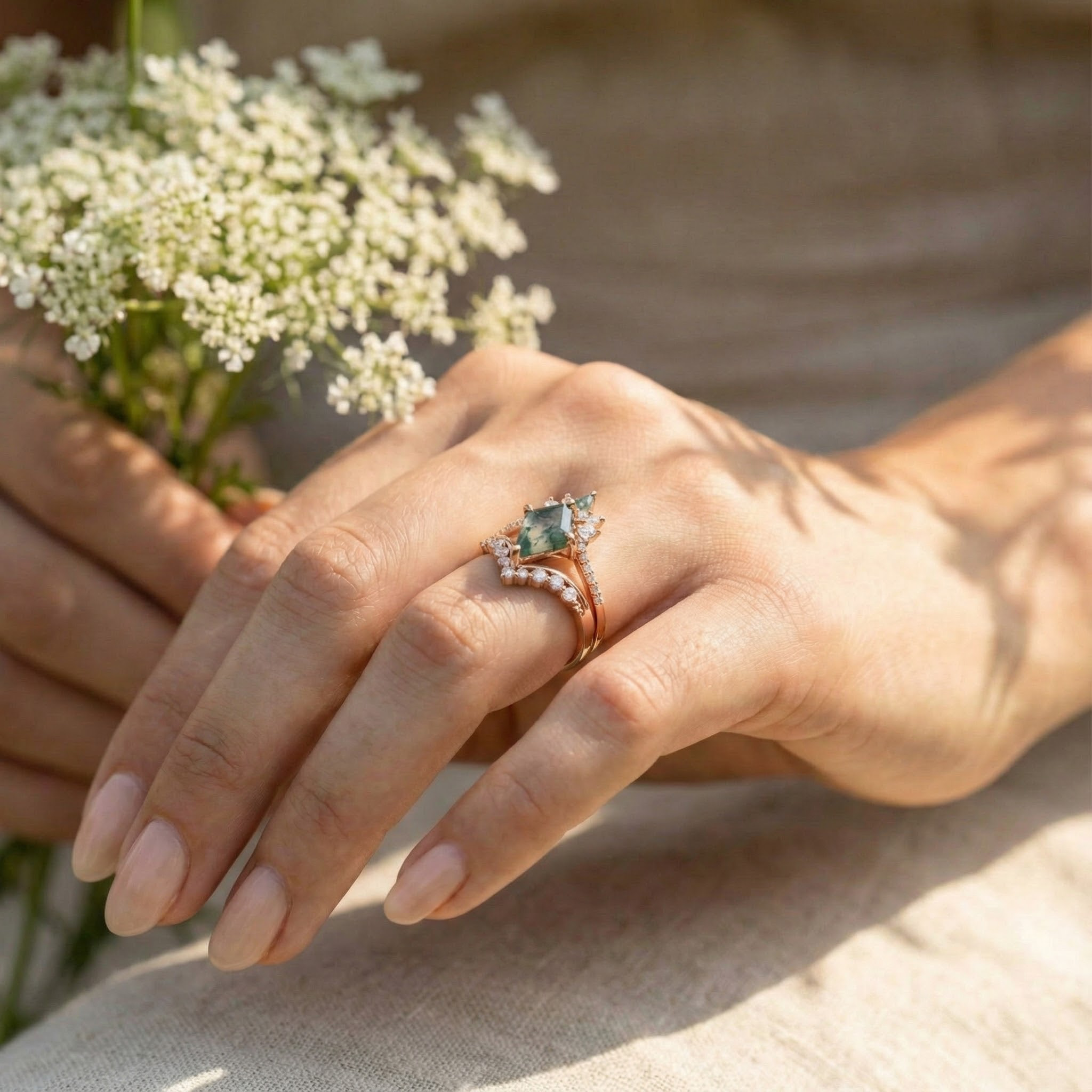 Kite Moss Agate Rose Gold Ring - Nature Inspired Gemstone Jewelry