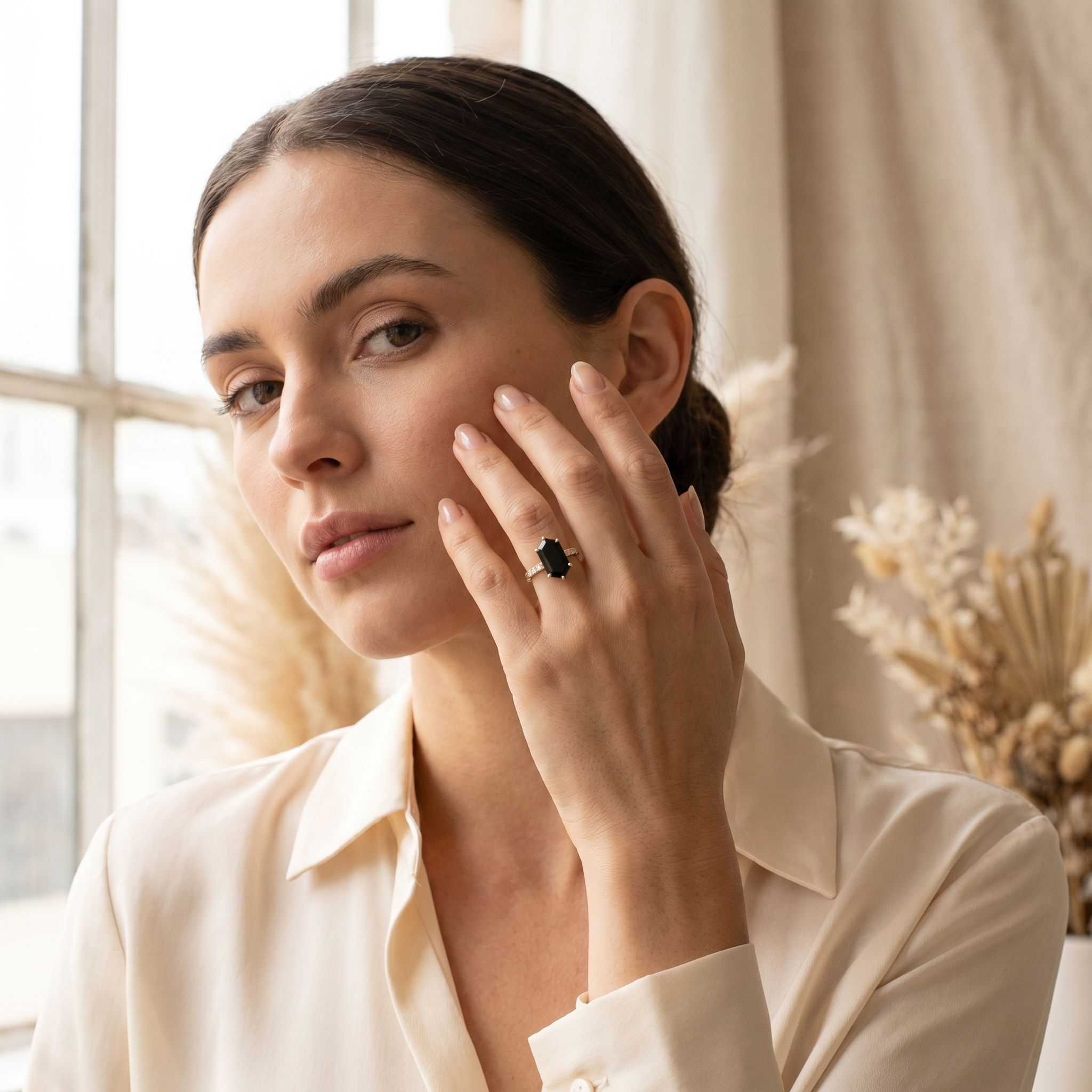Detailed view of Hexagon Black Onyx Engagement Ring in Gold