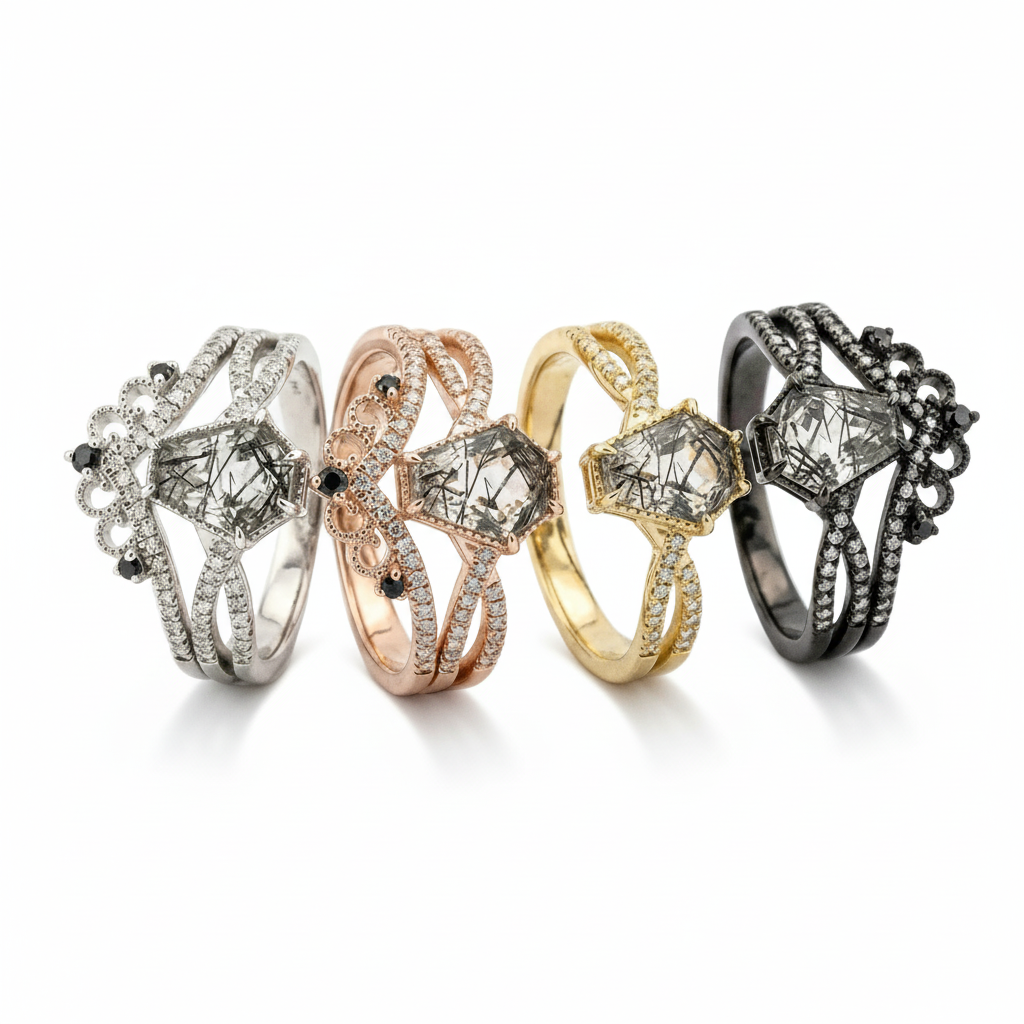 Lifestyle view of Black Rutilated Quartz Ring Set in White Gold