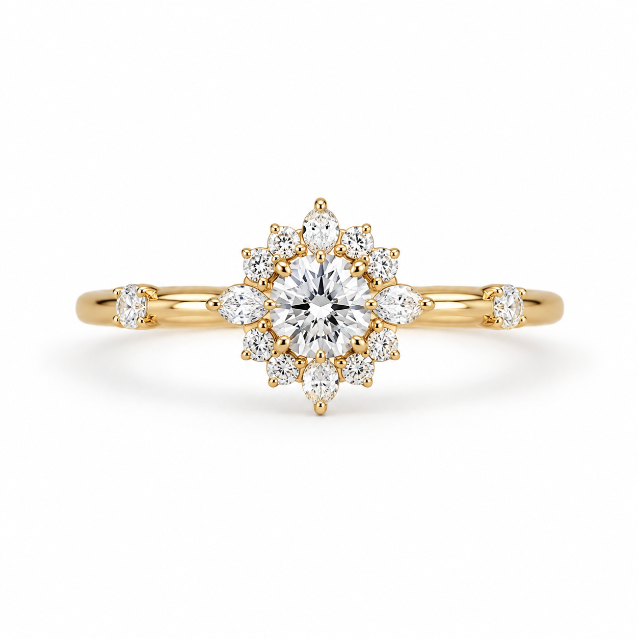 0.6ct round lab-grown diamond floral halo ring in yellow gold with pear-shaped accent stones