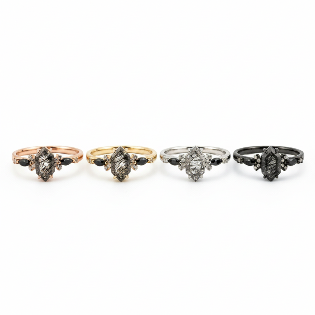 Lifestyle view of Long Hexagon Black Rutilated Quartz Ring in Gold