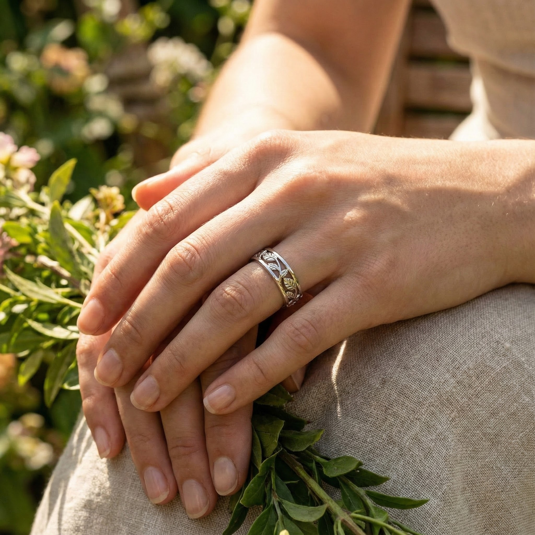 White Gold Nature-inspired Leaf Engagement Band Floarl Band