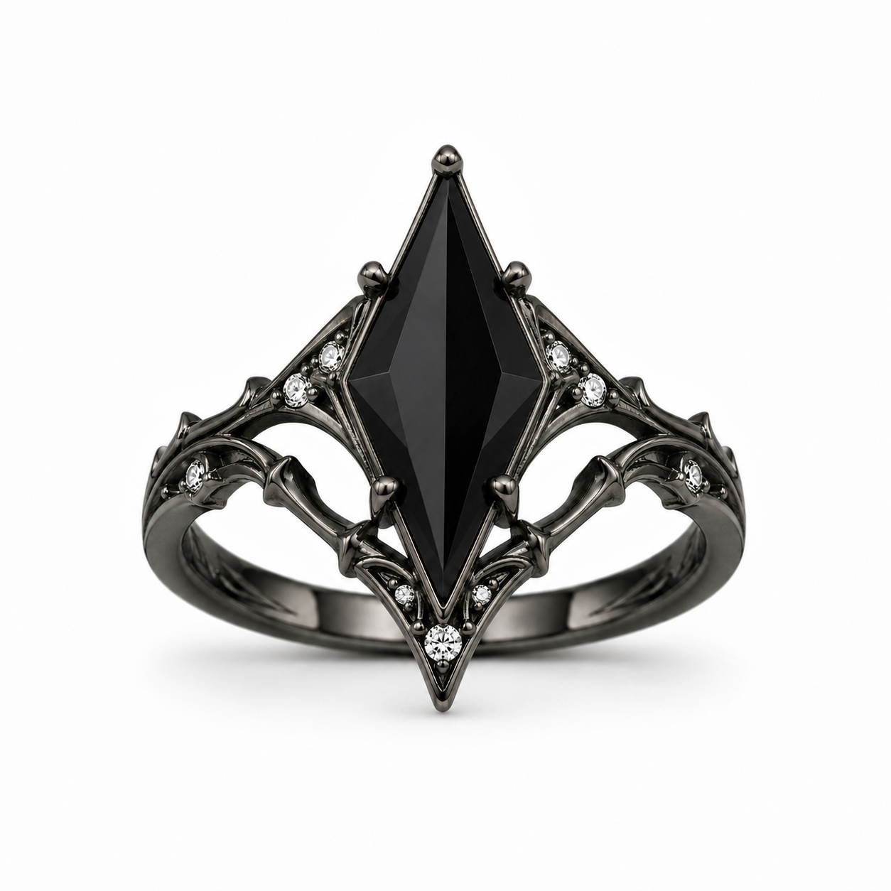 Kite black onyx gothic engagement ring in black gold with moissanite accents