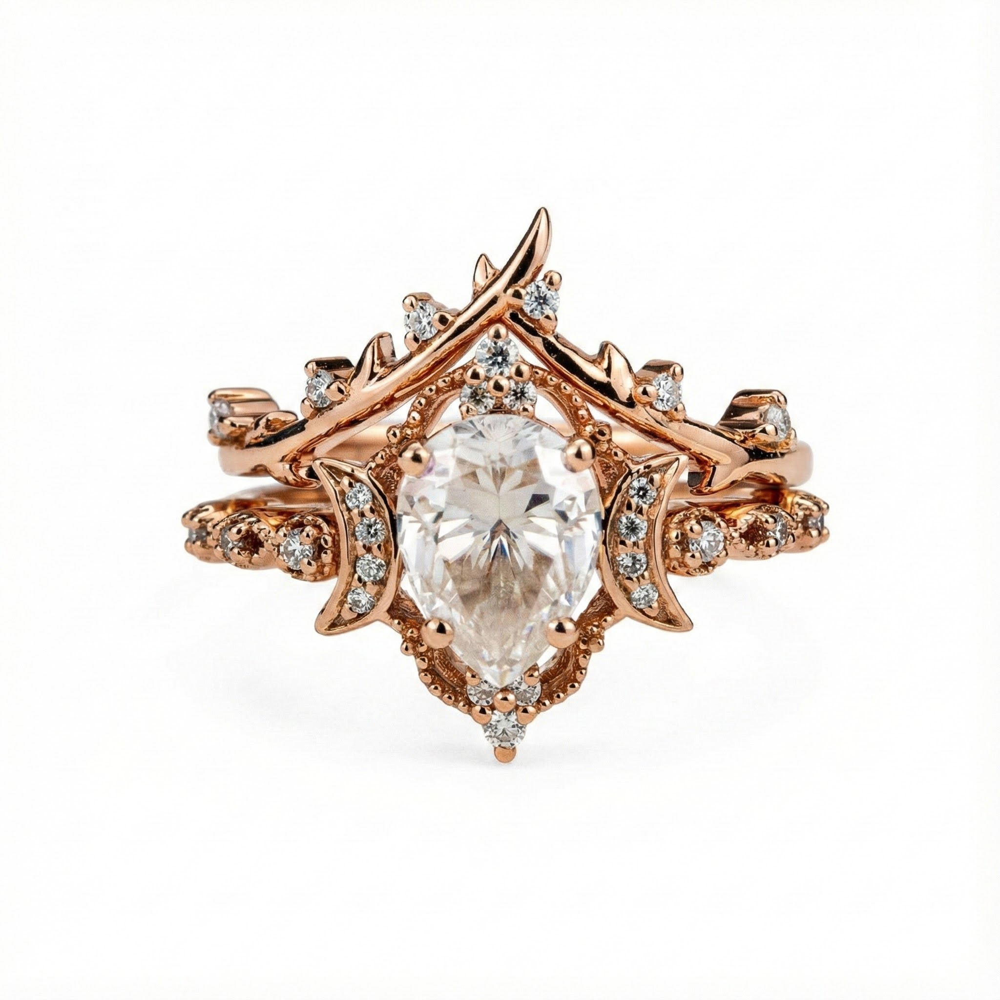 Pear Shape Moissanite Ring Set Nature Inspired Design Leaf Ring