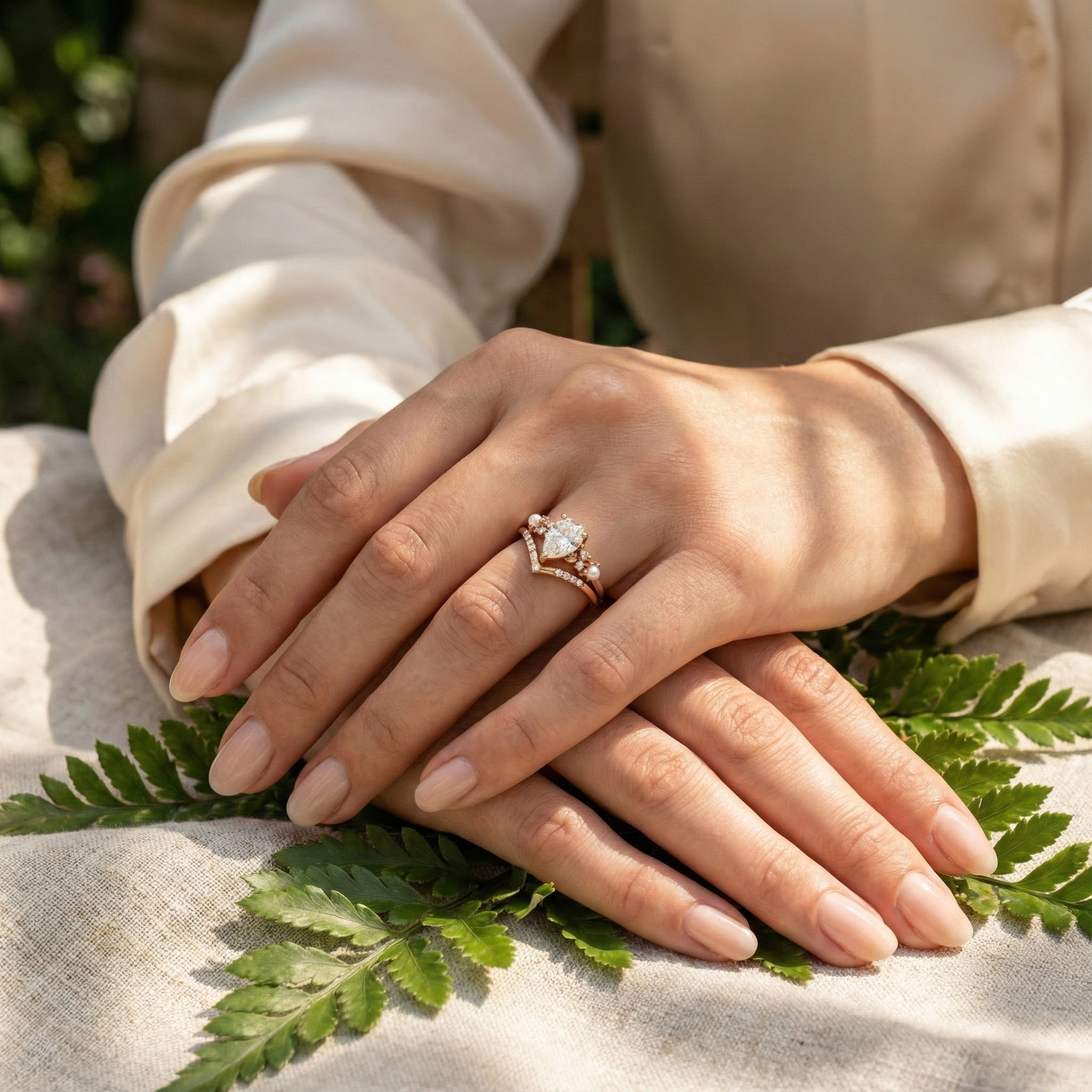 Detailed view of Pear Moissanite Ring Set in Gold
