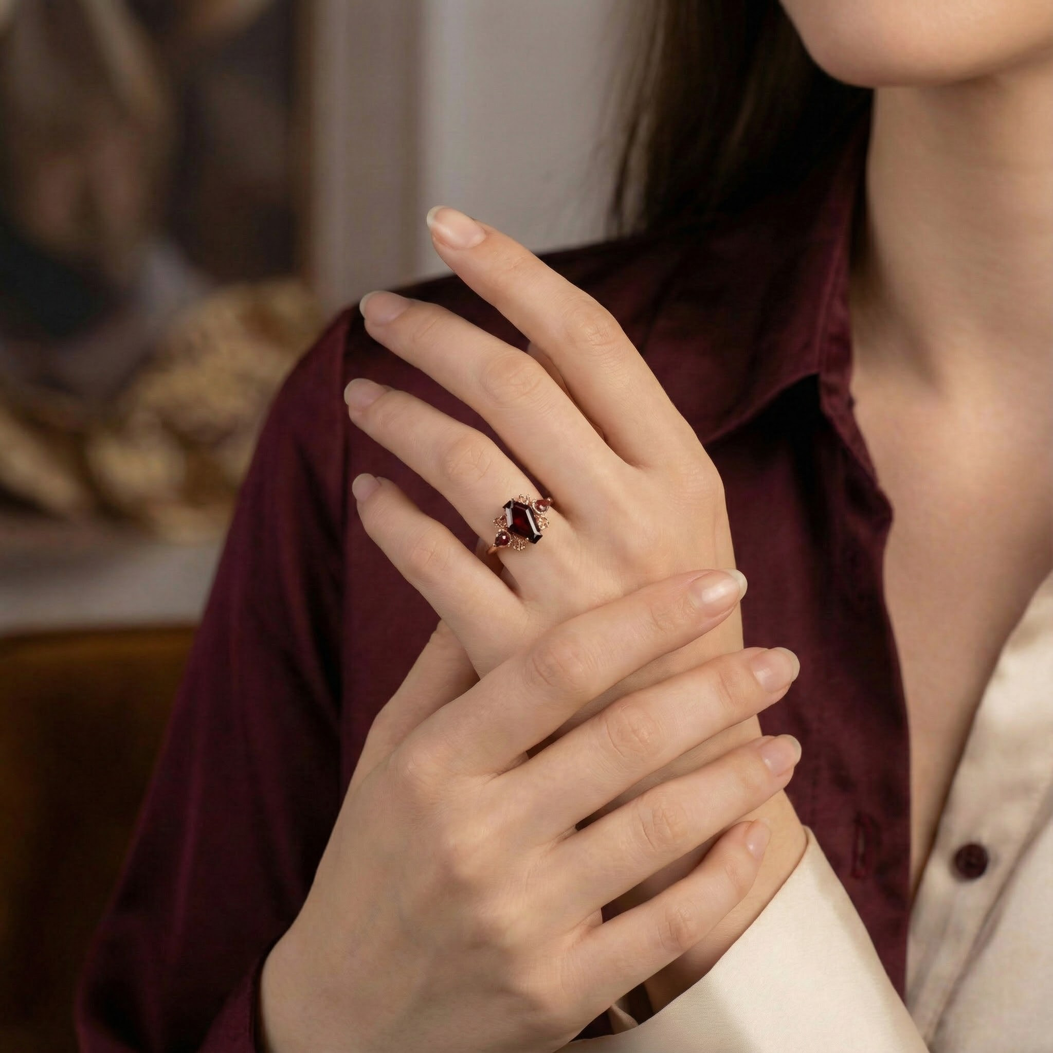 Coffin Shaped Garnet Rose Gold Fashion Ring Special Engagement Ring Three Stone Ring